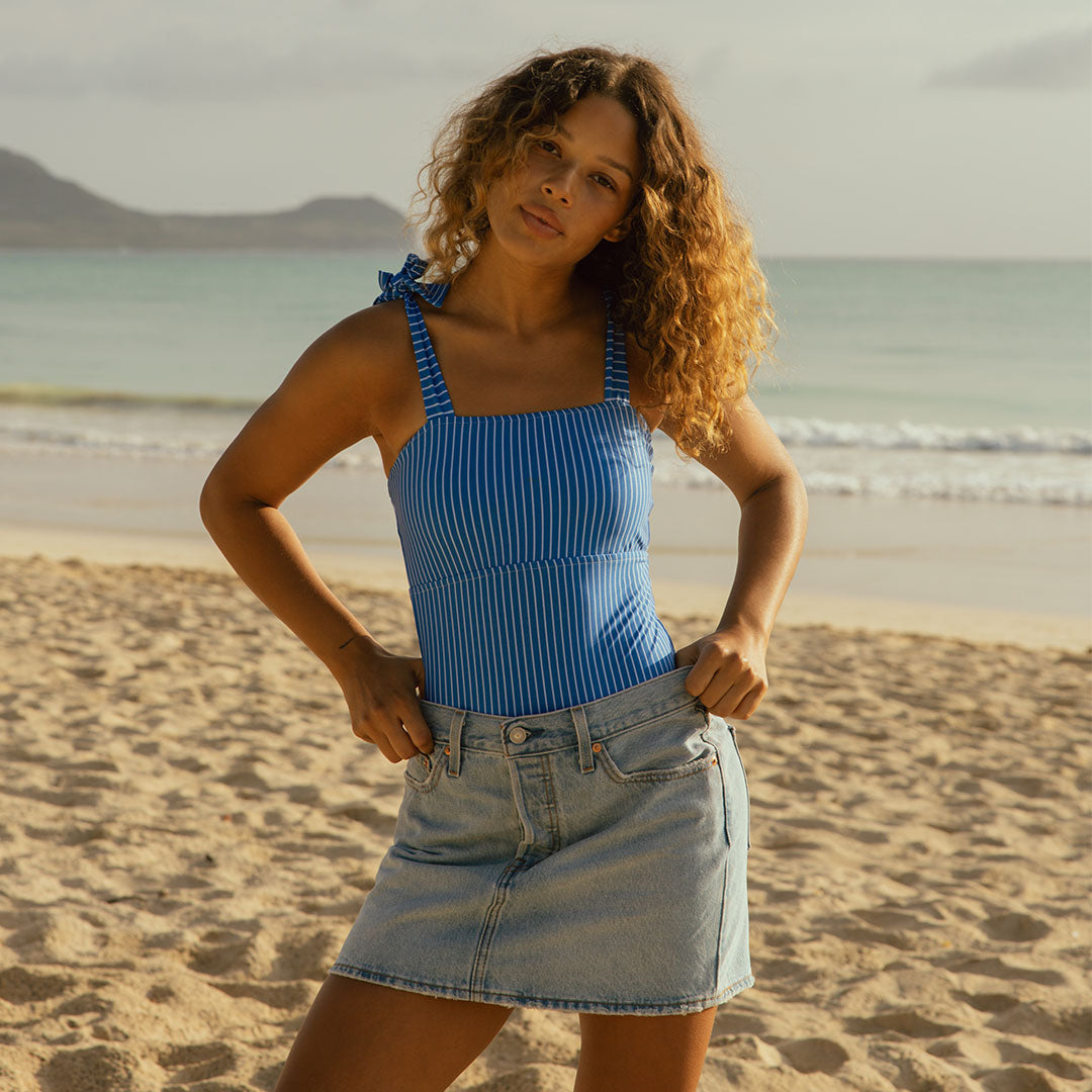 Royal Pinstripe Cabana One Piece Swimsuit - Stylish & Comfortable for Beach Vacations, Pool Parties & Summer Getaways