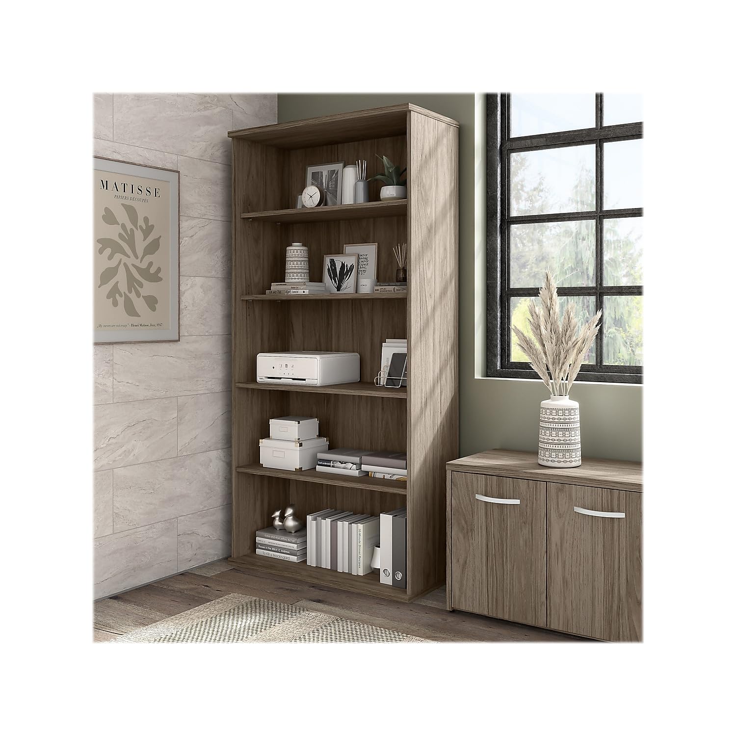 Bush Business Furniture Hybrid Tall 5 Shelf Bookcase in Modern Hickory - Stylish Office Storage Solution for Books, Files & Decor | Perfect for Home Office, Study Room & Workspace Organization