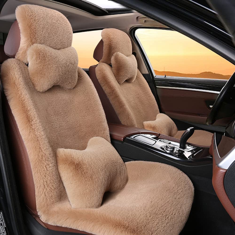Premium Universal Faux Rabbit Fur Car Seat Covers - Soft & Warm 2-Piece Set with Pillows (Khaki) | Fits Lexus, SUVs, Trucks & Most Vehicles | Cozy Winter Driving & Luxury Interior Upgrade