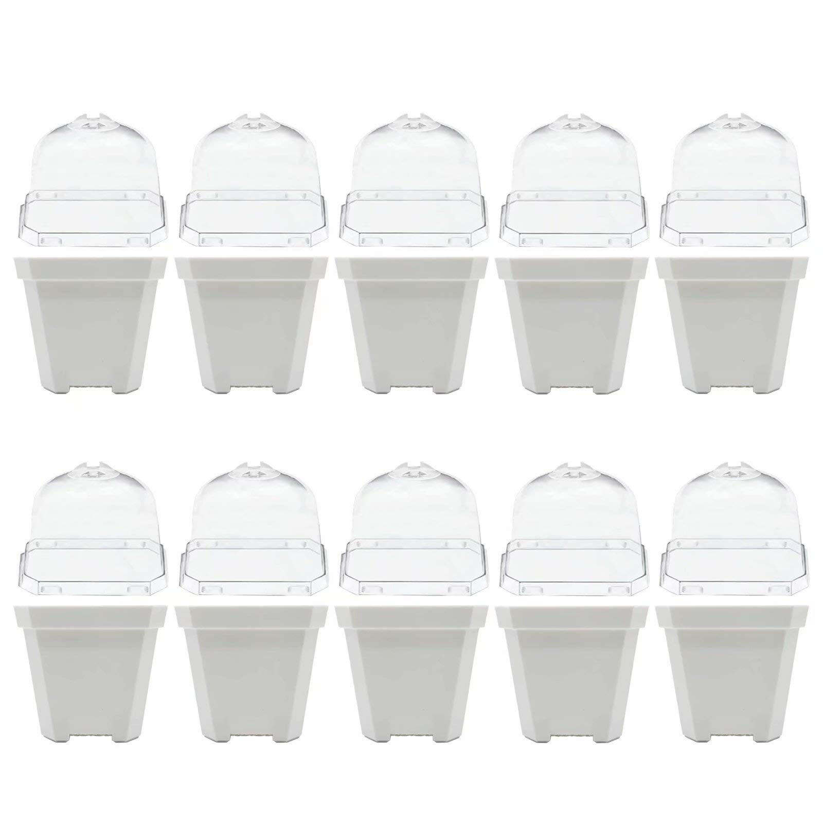 10 Sets 4 Inch Plant Nursery Pots with Humidity Dome - White Seedling Trays & Seed Starter Kit for Flowers, Herbs, Vegetables - Vented Domes & Drain Holes - Perfect for Indoor Gardening, Greenhouses & Hydroponics
