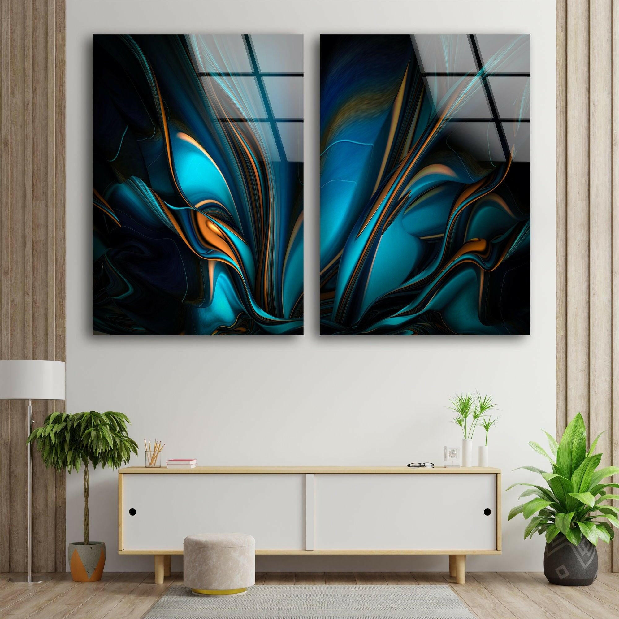 Abstract Blue and Orange Glass Wall Art - Modern Home Decor for Living Room, Bedroom & Office