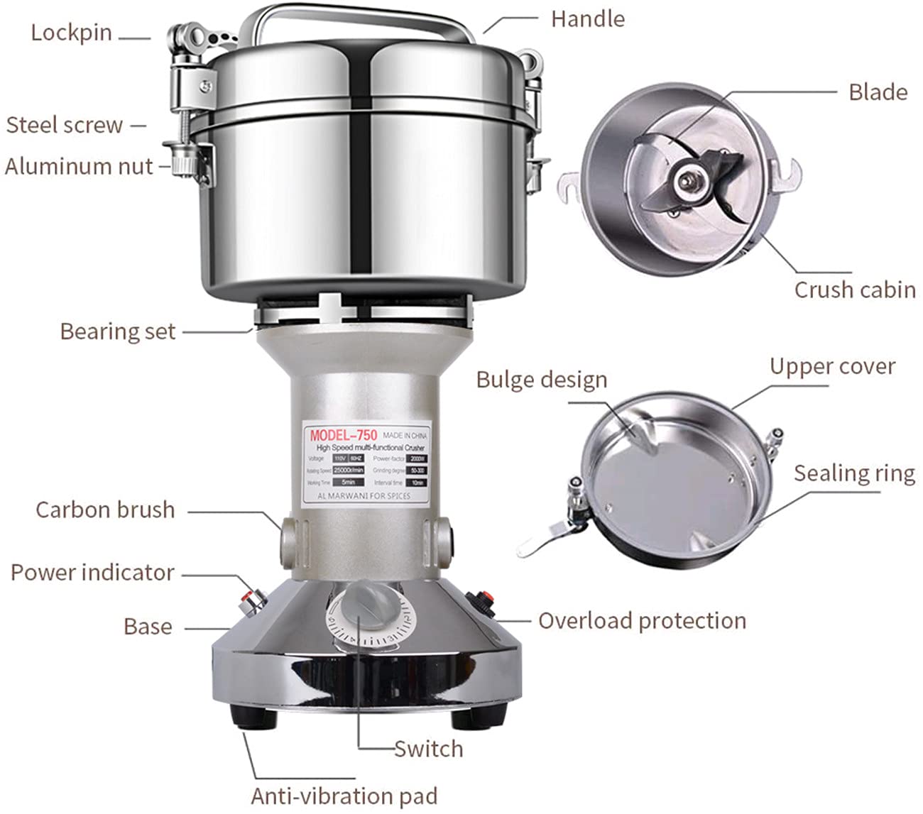 750g High-Speed Electric Grain Mill Grinder - Stainless Steel Flour Pulverizer for Cereals, Corn, Coffee, Rice & Spices | Perfect for Home Baking, Coffee Grinding & Herbal Powder Preparation