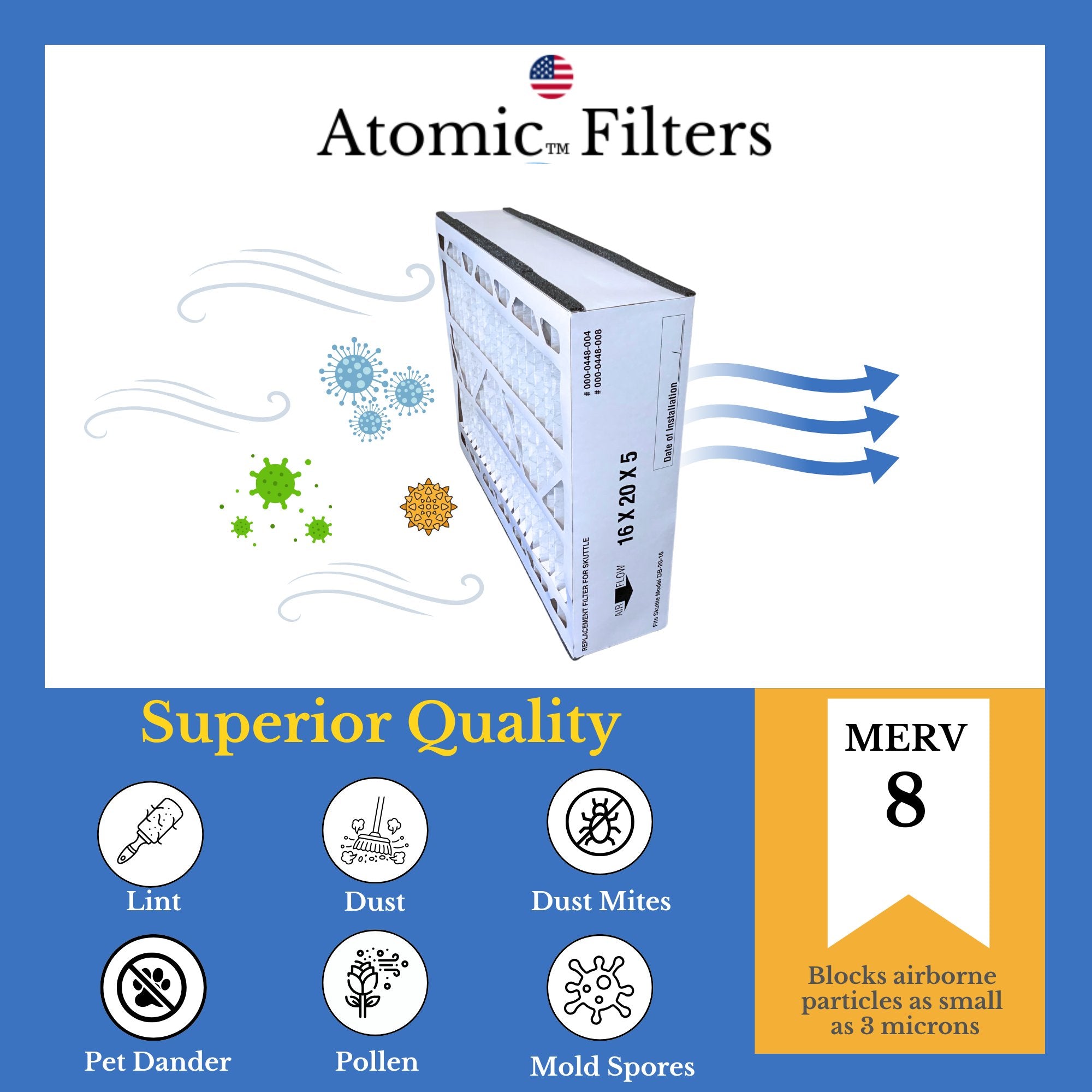 Skuttle 000 0448 004 20x16x5 MERV 8 Furnace Air Filter - 2 Pack | Compatible with Atomic | Perfect for Home HVAC Systems & Air Purifiers