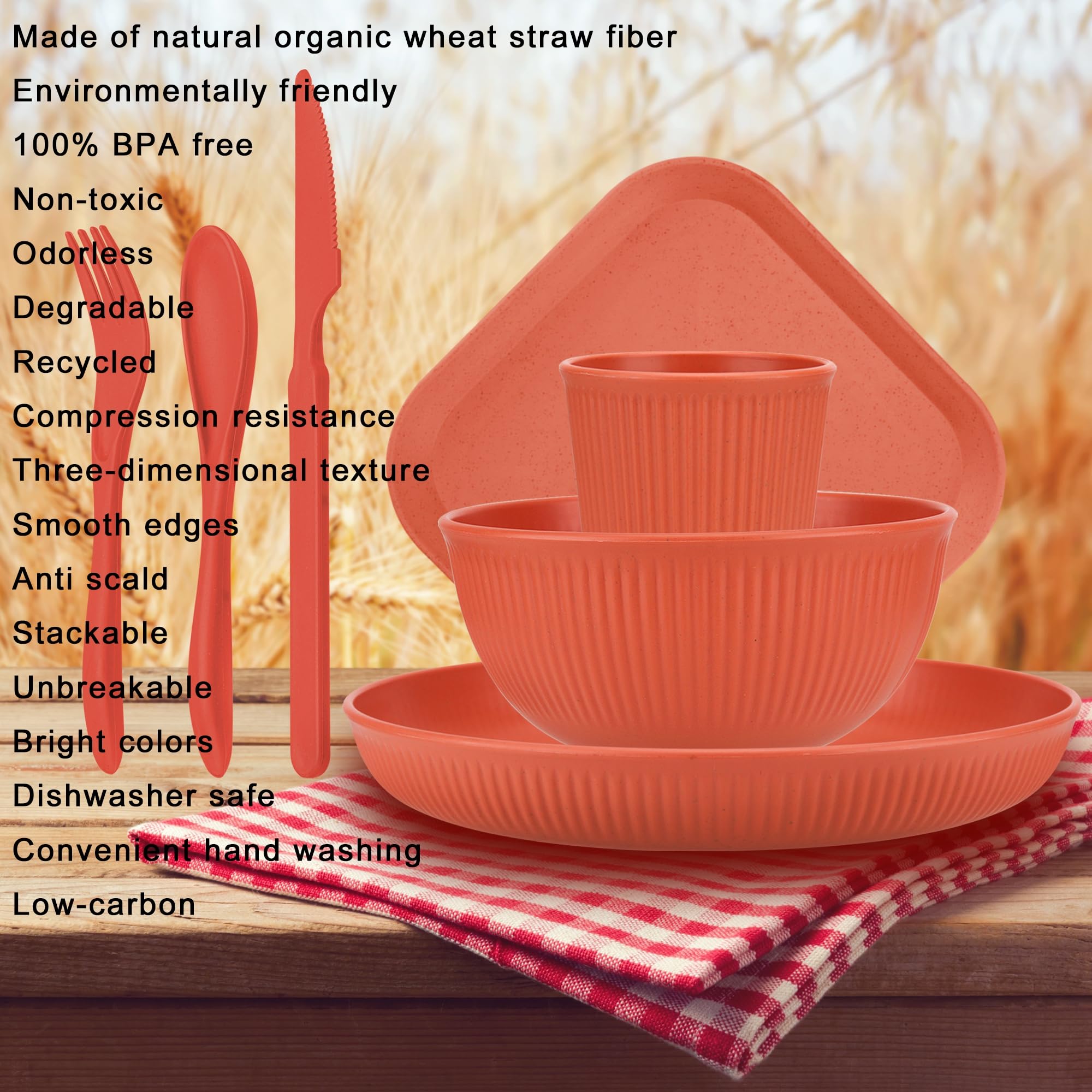 42-Piece Wheat Straw Dinnerware Set for 6 - Lightweight Unbreakable Plastic Plates & Bowls - Microwave & Dishwasher Safe - Perfect for Outdoor Dining, Picnics, and Everyday Family Meals