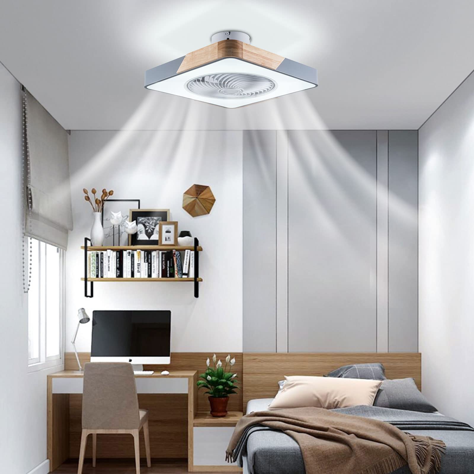 TFCFL 22 Inch Bladeless Ceiling Fan with Light - Modern Enclosed Flush Mount Fan Lamp, Remote Control, Silent Motor, 3-Color Change (Grey, Square) - Perfect for Bedroom, Living Room, Nursery & Indoor Spaces