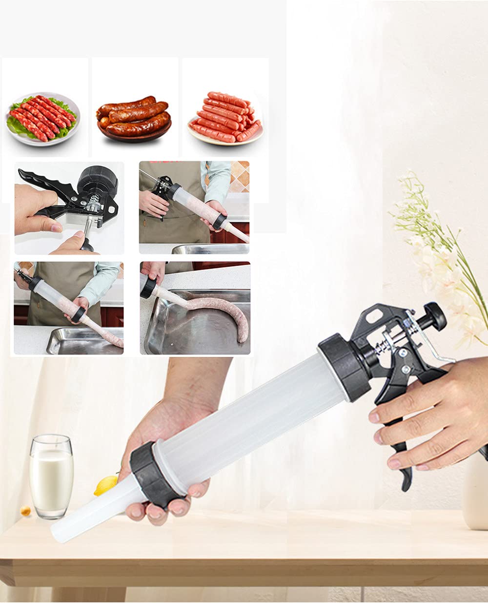 Manual Sausage Stuffer Kit - Hand Operated Meat Filler & Salami Maker with 3 Professional Nozzles (Plastic) - Perfect for Homemade Sausages, Burgers & Charcuterie | Great for Home Kitchens, BBQ Parties & Food Prep
