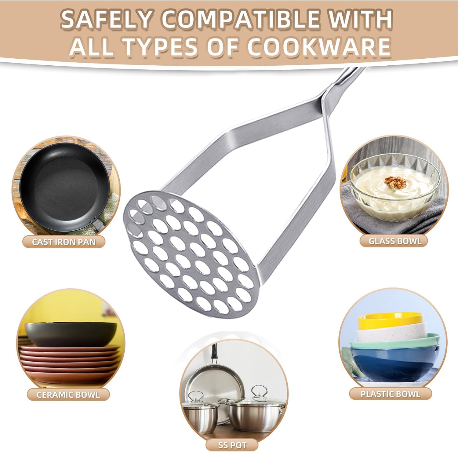 Stainless Steel Potato Masher - Heavy Duty 12 Inch Metal Masher for Potatoes, Avocados, Vegetables & Meat - Dishwasher Safe Kitchen Tool for Perfect Mashed Potatoes - Ideal for Home Cooking, Restaurants & Meal Prep