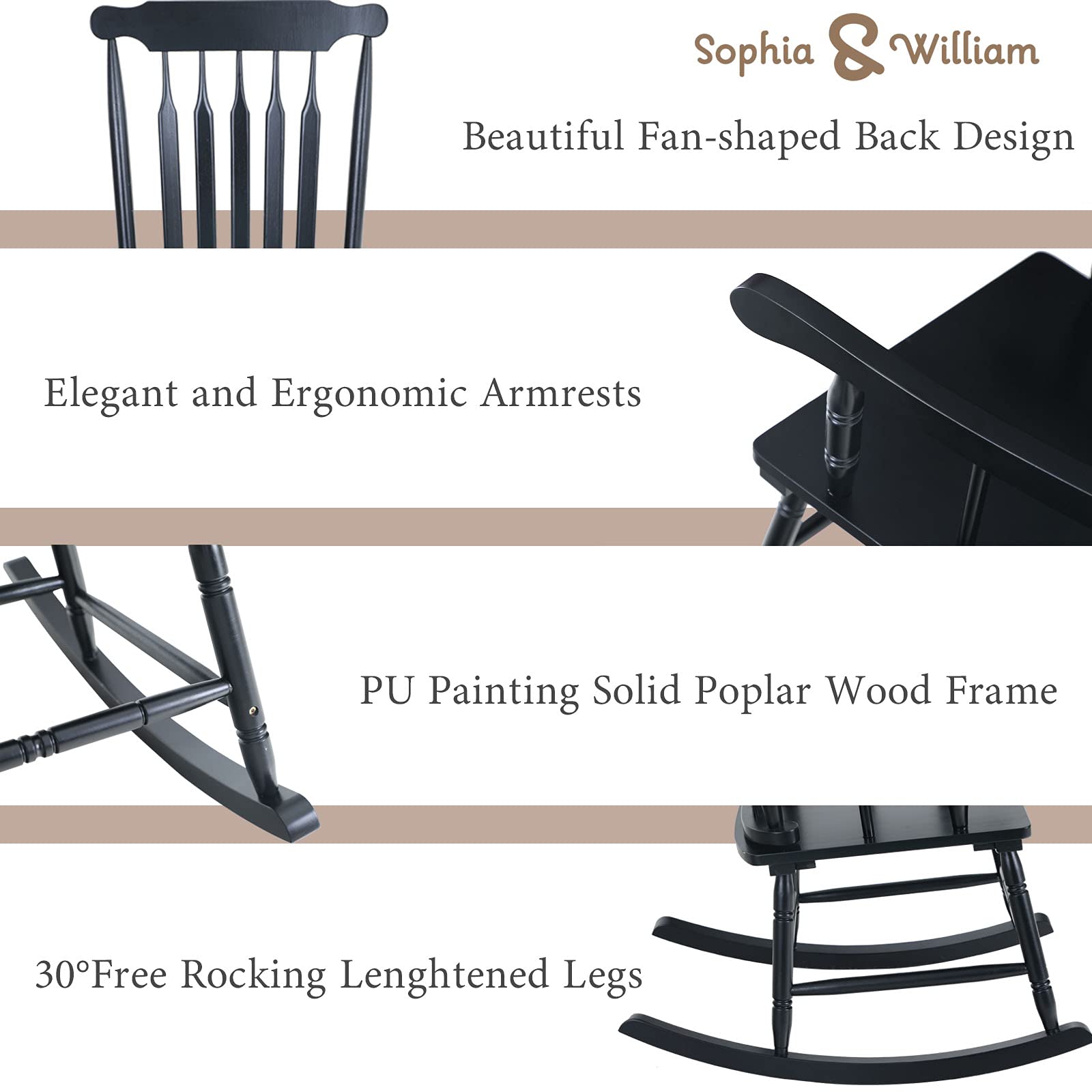 Sophia & William Modern Outdoor Wooden Rocking Chair - Poplar Wood with Fan-Shaped Back - 300 lbs Weight Capacity - Perfect for Porch, Patio, Garden, Lawn, Balcony, Backyard & Indoor Use - Black (1 Pack)