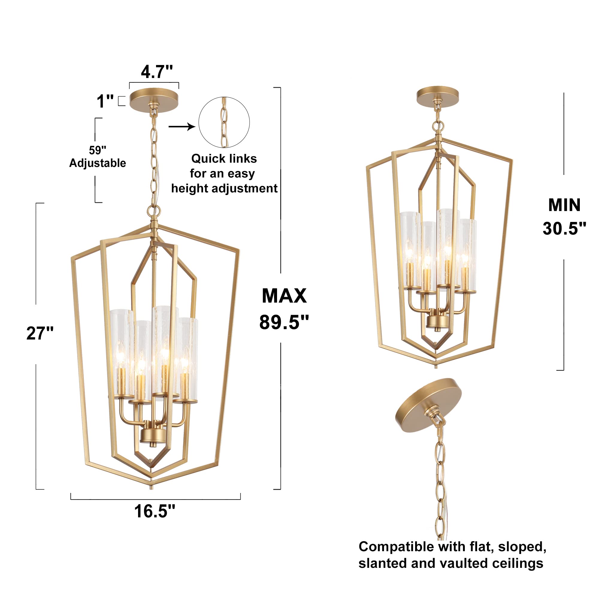 Modern Gold Chandelier - 4-Light Rotatable Geometric Lantern Pendant Light with Seeded Glass Shade - Elegant Lighting for Kitchen Island, Dining Room, Foyer & Bedroom - Perfect for Contemporary Home Decor & Interior Design