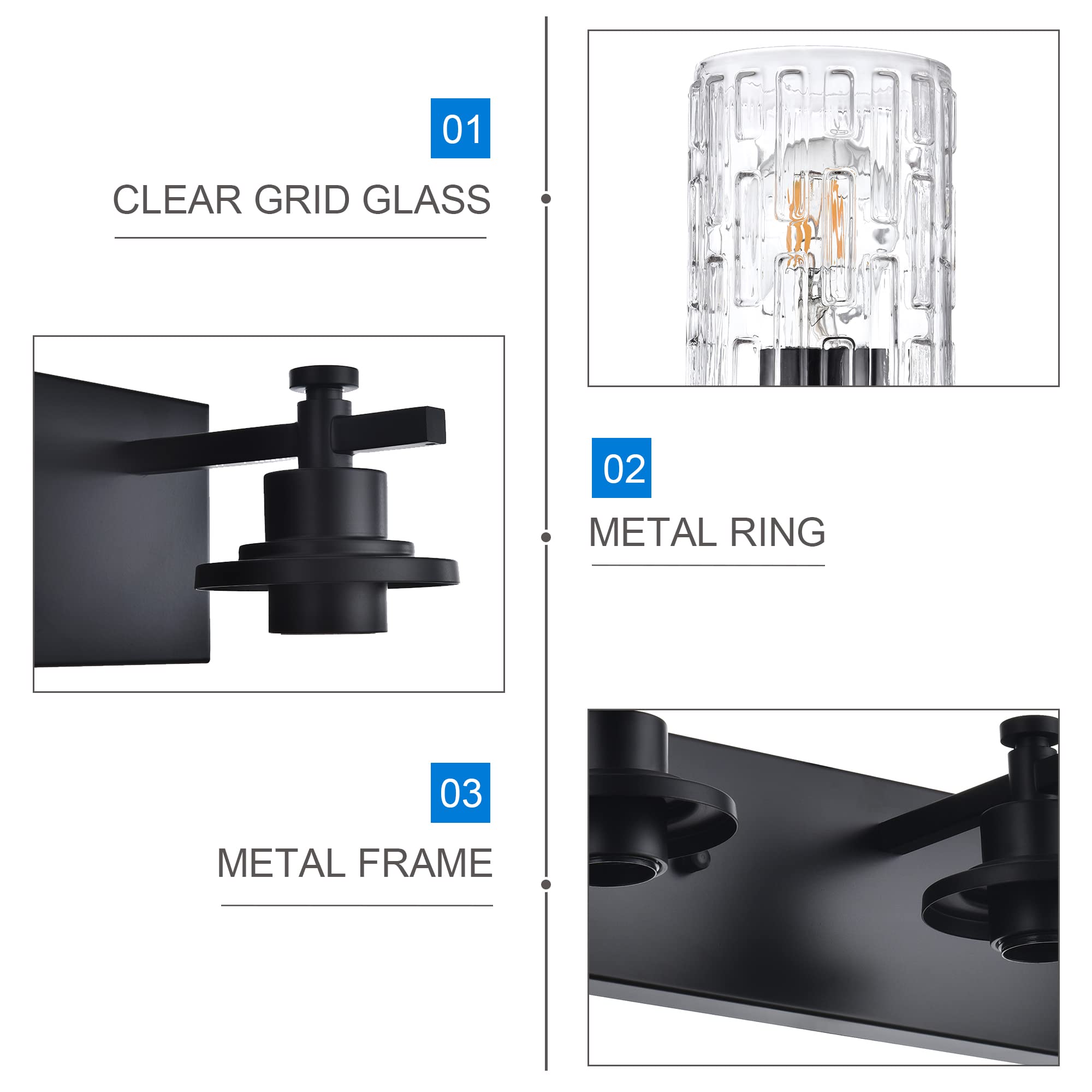 MELUCEE 6-Light Matte Black Industrial Vanity Lighting Fixture with Clear Grid Glass Shade - Modern Bathroom Wall Light for Mirror Cabinet, Powder Room, Kitchen & Foyer | Perfect for Home Decor & Interior Lighting