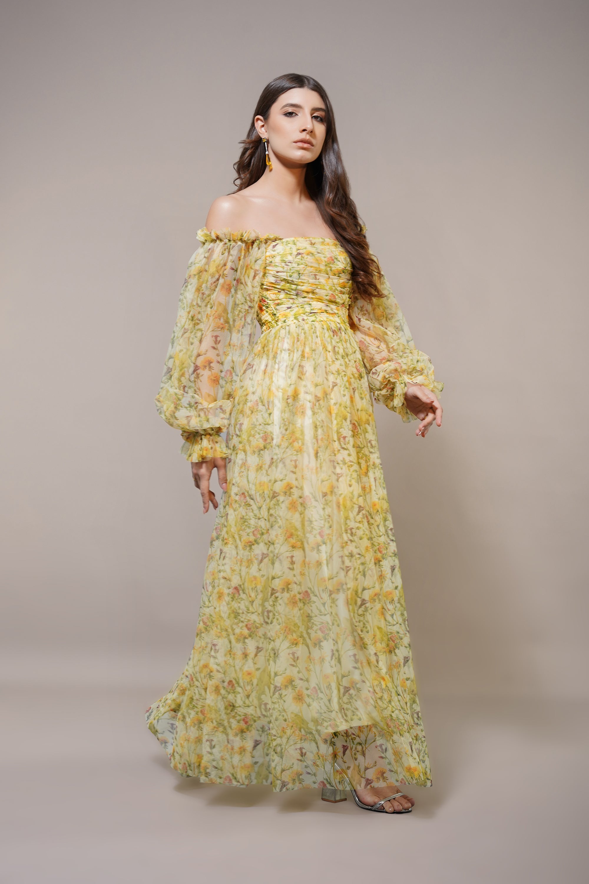 Lana Yellow Printed Tulle Maxi Dress - Flowy Summer Beach Dress for Women, Boho Chic Wedding Guest Outfit, Perfect for Vacations & Special Occasions