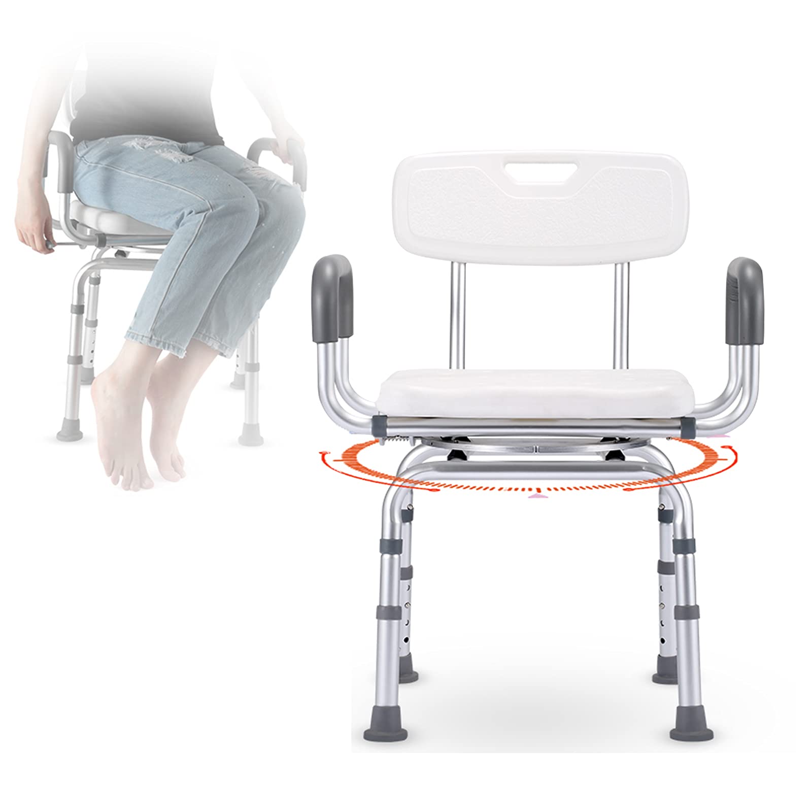 360° Rotating Heavy Duty Shower Chair with Arms & Back - Adjustable Non-Slip Bath Safety Seat for Elderly & Obese - Portable Shower Stool for Bathroom, Assisted Living & Post-Surgery Recovery