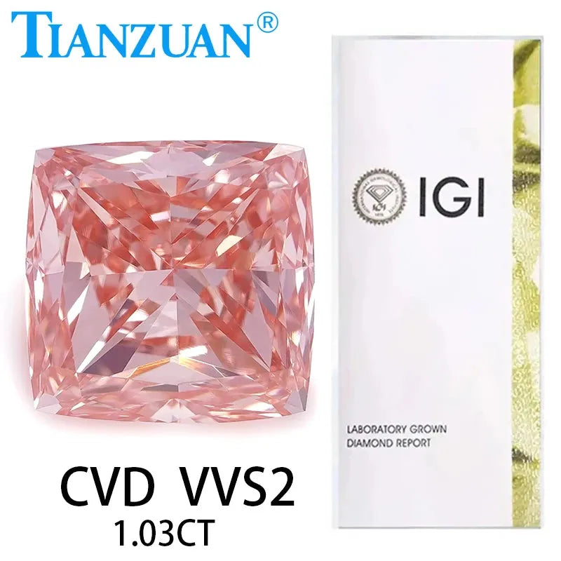1CT Cushion Cut Lab Grown CVD Diamond - Fancy Vivid Pink VVS2 Clarity IGI Certified Loose Gemstone for Engagement Rings & Fine Jewelry Making