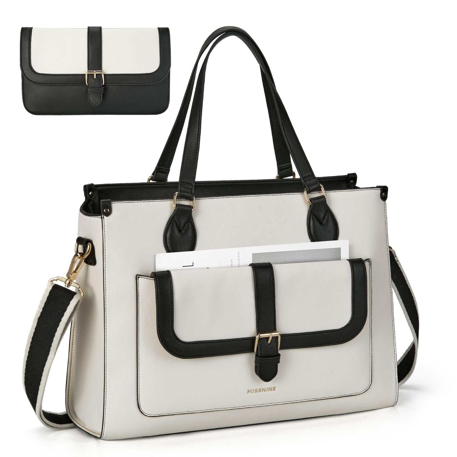Missnine 15.6 Inch Leather Laptop Bag for Women - Removable Purse, Stylish Work Tote & Travel Briefcase - Perfect for Office, Business Trips, and Daily Commute