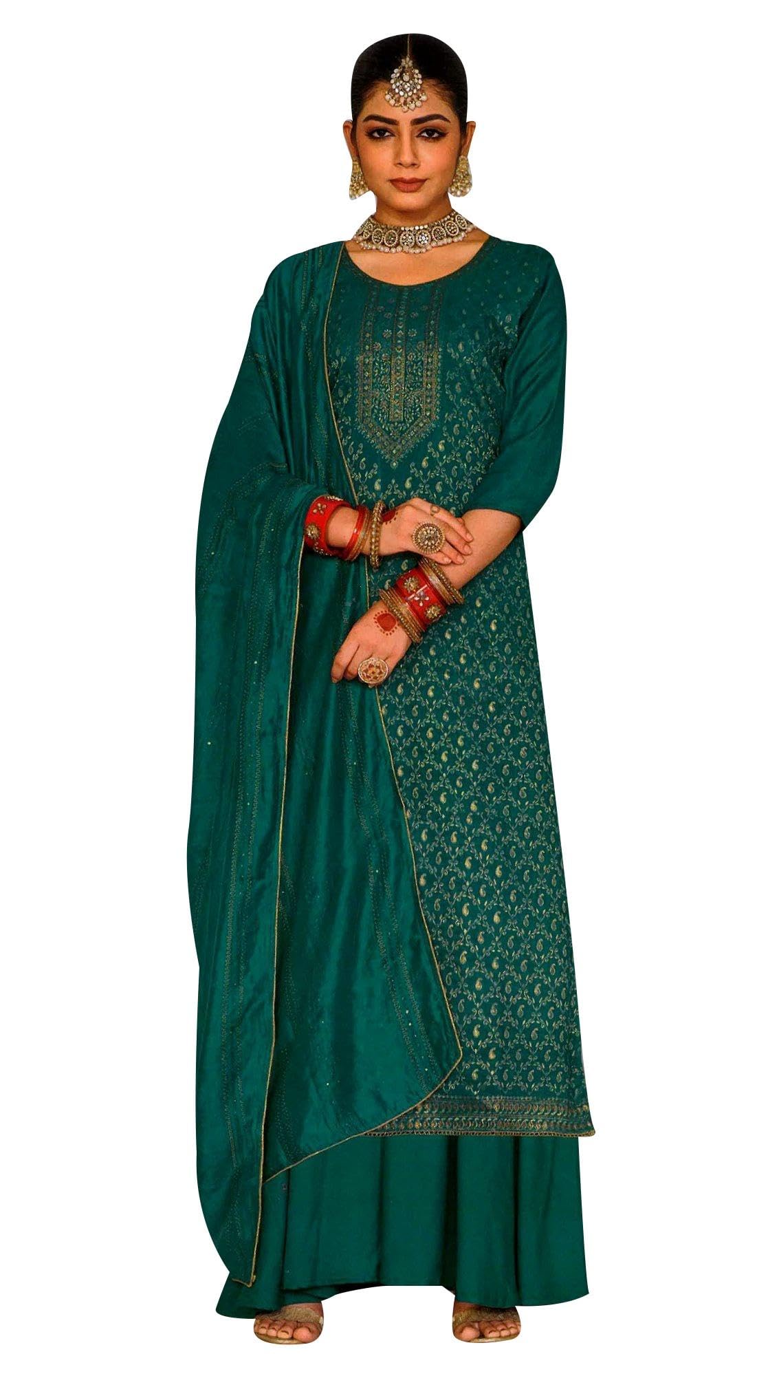 Ladylin Elegant Brocade Silk Salwar Kameez Suit Set with Embroidered Dupatta & Palazzo Pants | Traditional Indian Ethnic Outfit for Women | Perfect for Weddings, Parties, Festivals & Special Occasions | Boho Chic & Formal Wear