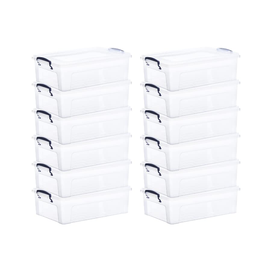 Clear Plastic Storage Bins with Lids - 12 Pack Small Stackable Organizer Boxes (4 Quart) - Secure Locking Latches & Easy-Carry Handles for Home, Office, Pantry & Closet Organization