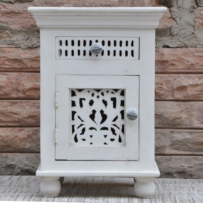 Hand Carved Wooden Bedside Table - Natural White Nightstand with Drawer for Bedroom Decor | Rustic Night Stand for Small Spaces & Modern Home Furniture