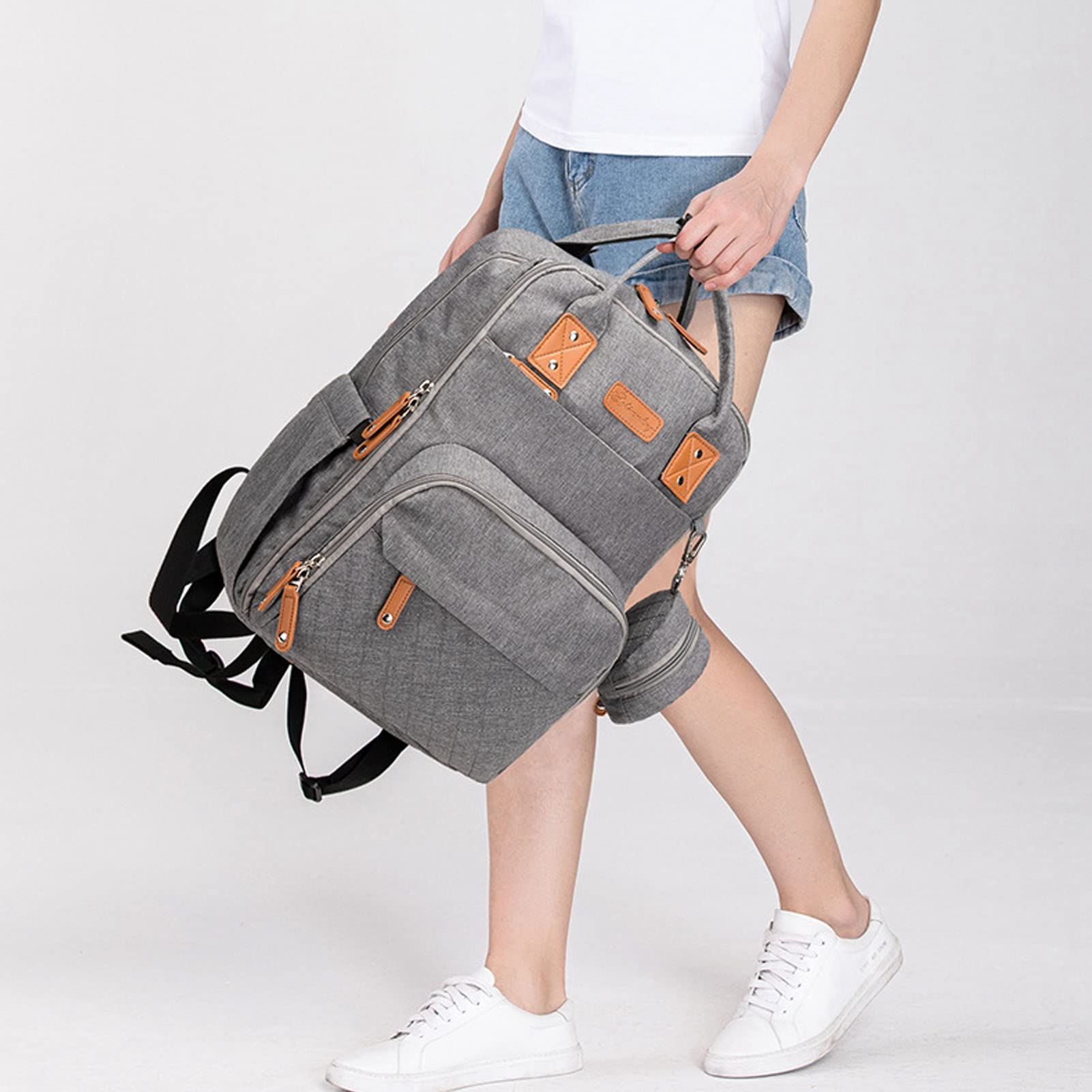 Hyuduo Diaper Bag Backpack - Large 20L Multifunctional Baby Bag with Stroller Hanging, Embroidered Design for Moms (Grey) | Perfect for Travel, Shopping & Daily Outings with Baby