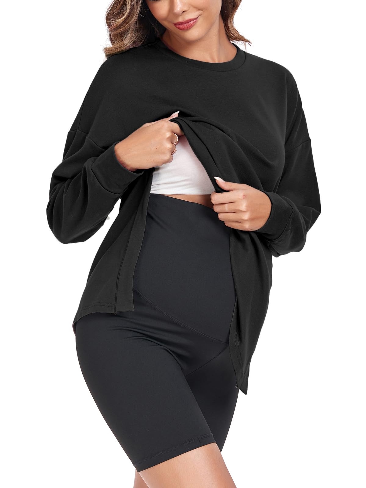 Ecavus Women's Soft Maternity Long Sleeve Shirt - Comfortable Pregnancy Tee with Side Split Design for Everyday Wear | Perfect for Work, Shopping & Relaxing