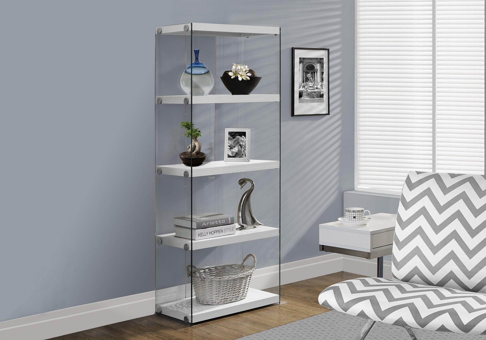 Modern 60-Inch Tall Bookcase with Glossy White Finish & Tempered Glass Shelves - Perfect for Living Room, Office, or Library Storage & Display