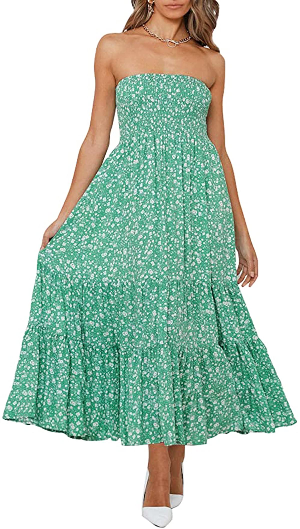 R.Vivimos Women's Summer Cotton Floral Print Strapless Boho Beach Dress - Casual Midi Tube Dress for Vacation, Pool Party & Outdoor Date Night