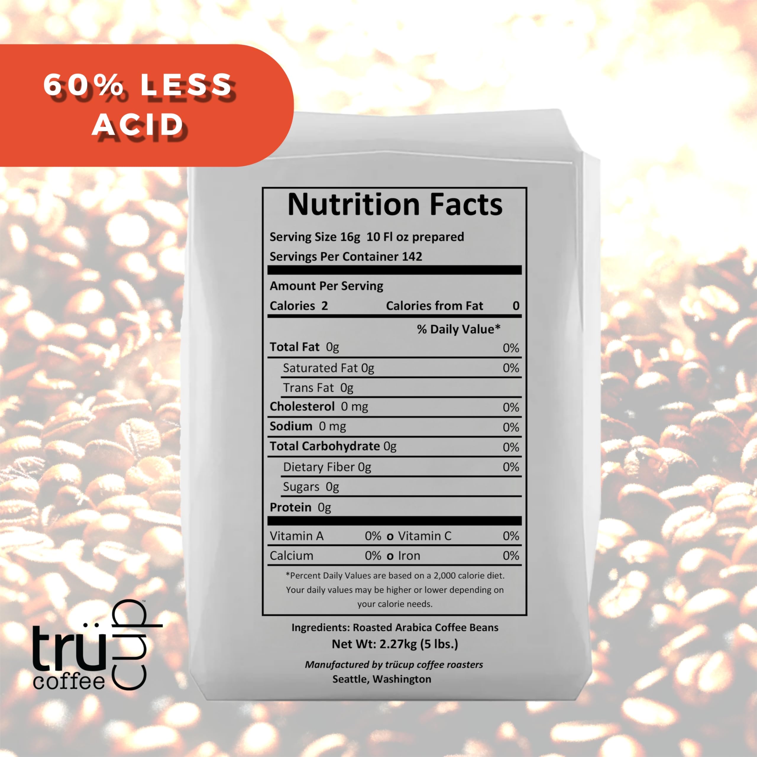 Trücup Low Acid Ground Coffee - Medium Roast, 80 Oz Drip Grind | 60% Less Acid with Natural Water & Steam Process | Smooth, Stomach-Friendly Flavor Rich in Antioxidants | Perfect for Sensitive Stomachs & Morning Brews