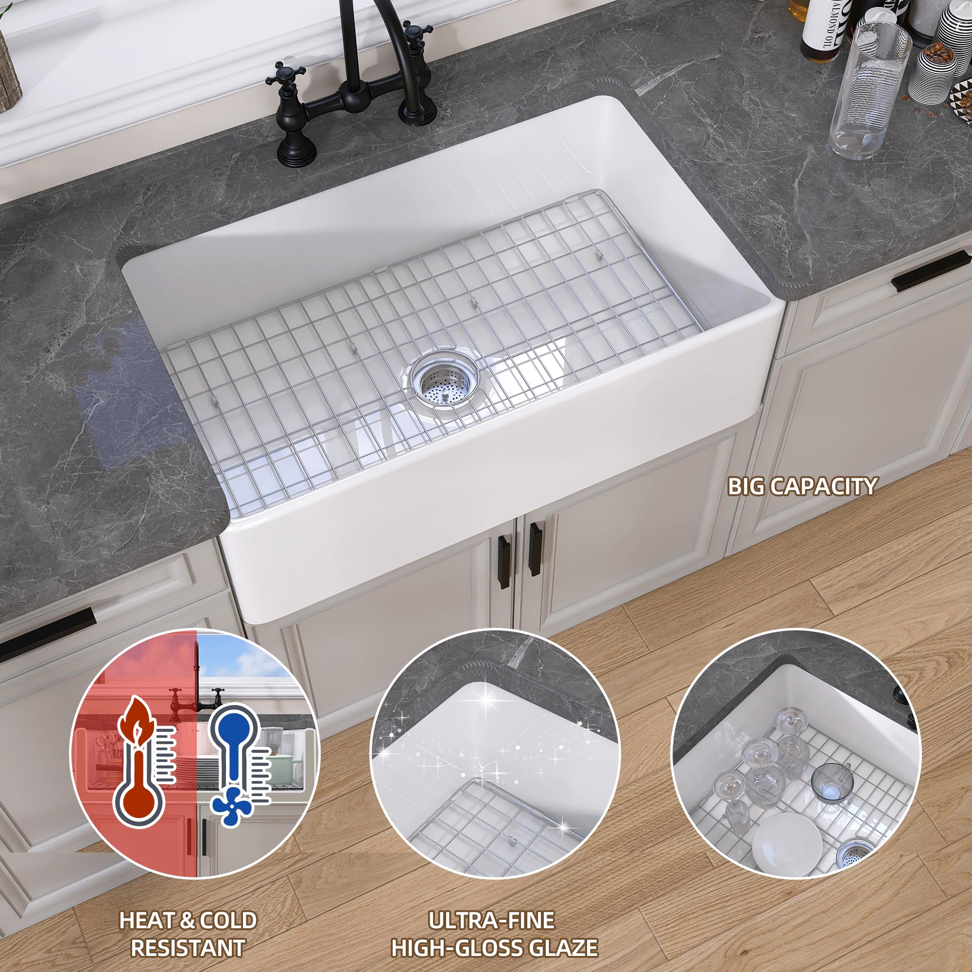 GETPRO 33 Inch White Fireclay Farmhouse Sink - Undermount Apron Front Single Bowl Kitchen Sink with Accessories - Perfect for Modern Farmhouse, Rustic, and Country Style Kitchens
