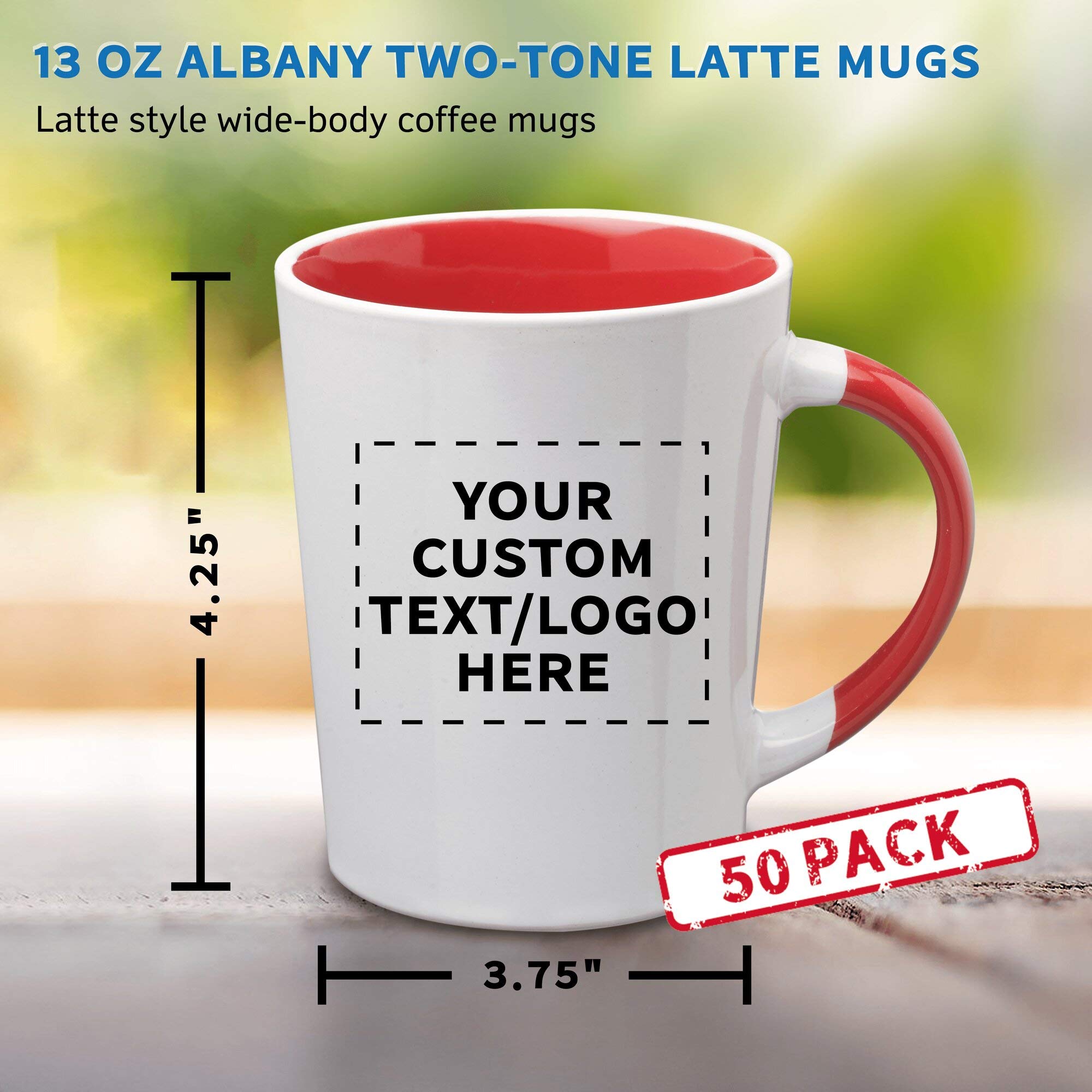 Custom 13 oz Ceramic Latte Coffee Mugs - Bulk Set of 50 Personalized Albany Mugs for Coffee, Tea, Espresso & Hot Cocoa - Durable Restaurant & Cafe Drinkware - Perfect for Coffee Shops, Offices & Corporate Gifts (Red)