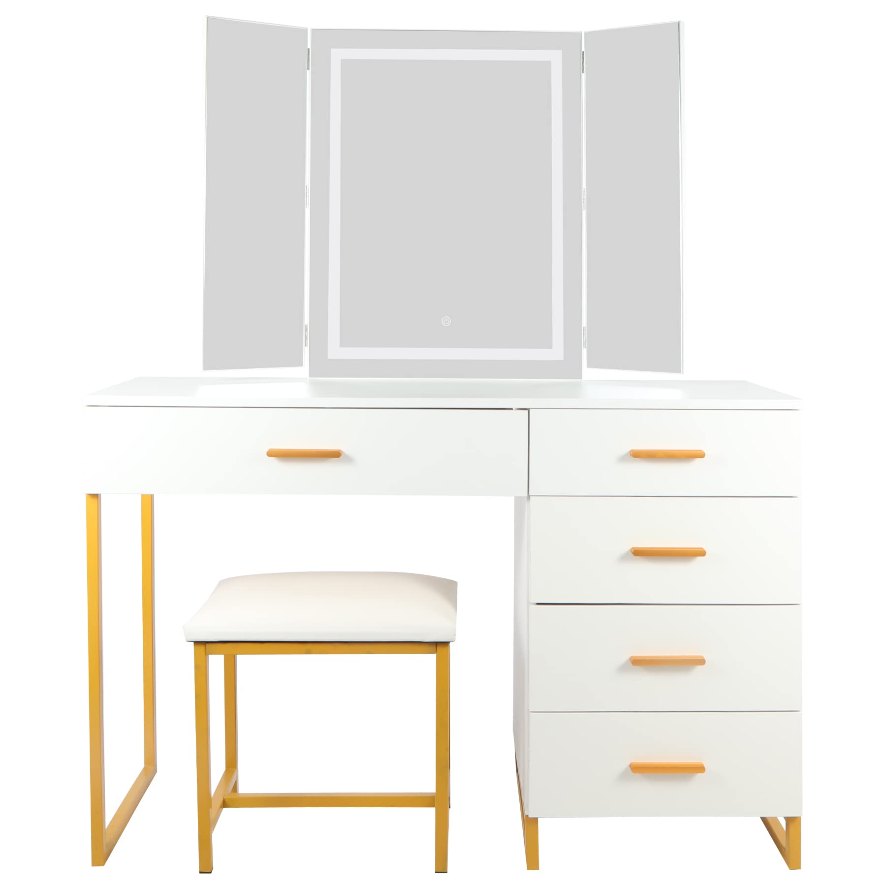 43'' Gold and White Makeup Vanity Table Set with 3 Mirrors & LED Lights, Vanity Desk with Cushioned Stool & 5 Drawers, Storage Shelves for Bedroom - Perfect for Dressing Room, Beauty Salon & Home Decor