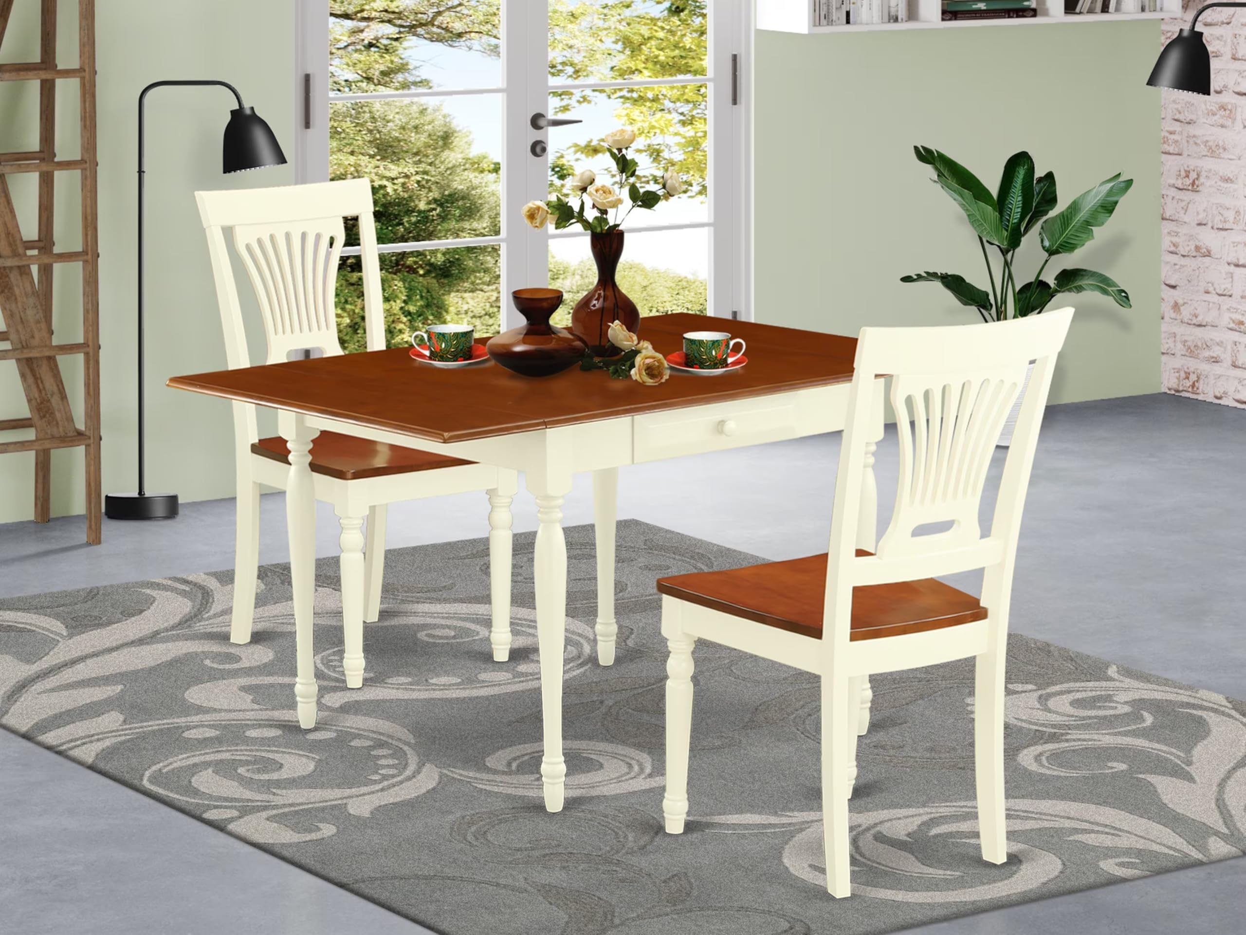 East West Furniture MZPL3-WHI-W 3-Piece Dining Set - 36x54 Inch Rectangle Drop Leaf Kitchen Table with 2 Chairs in Buttermilk & Cherry - Perfect for Small Spaces, Breakfast Nooks & Cozy Apartments