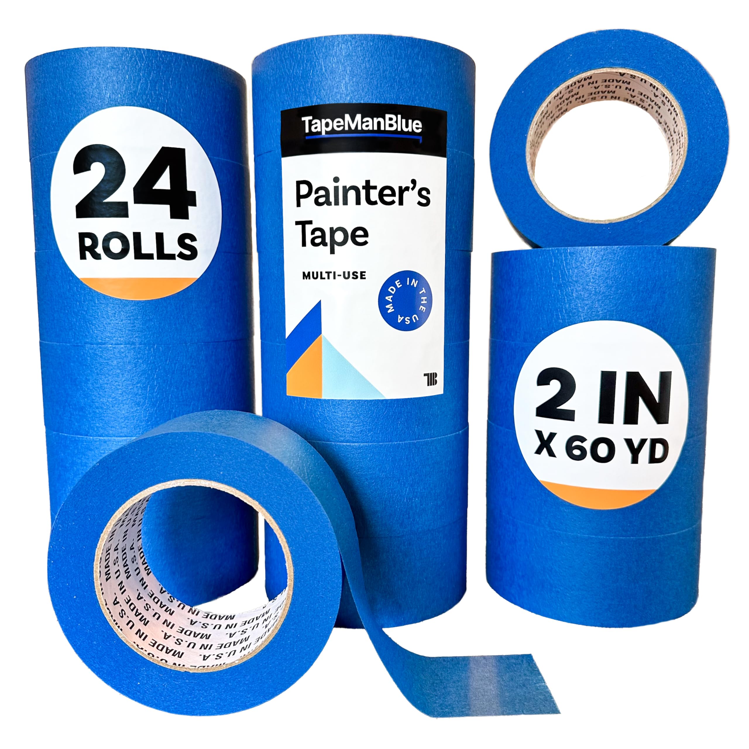 Premium Blue Painters Tape 2 Inch x 60 Yards (24 Rolls Bulk Pack) - Made in USA, No Residue, UV-Resistant for Crisp Paint Lines - Perfect for Home Painting, DIY Projects & Professional Use