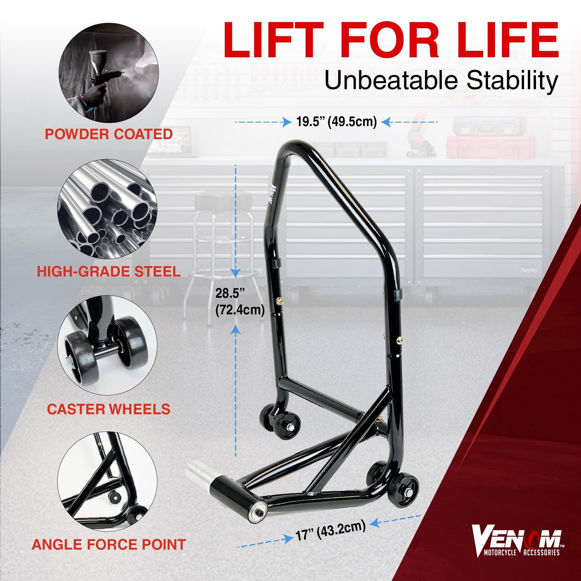 Venom Motorcycle Swingarm Stand - 40.7mm Pin for Ducati & Triumph - Garage Lift Tool