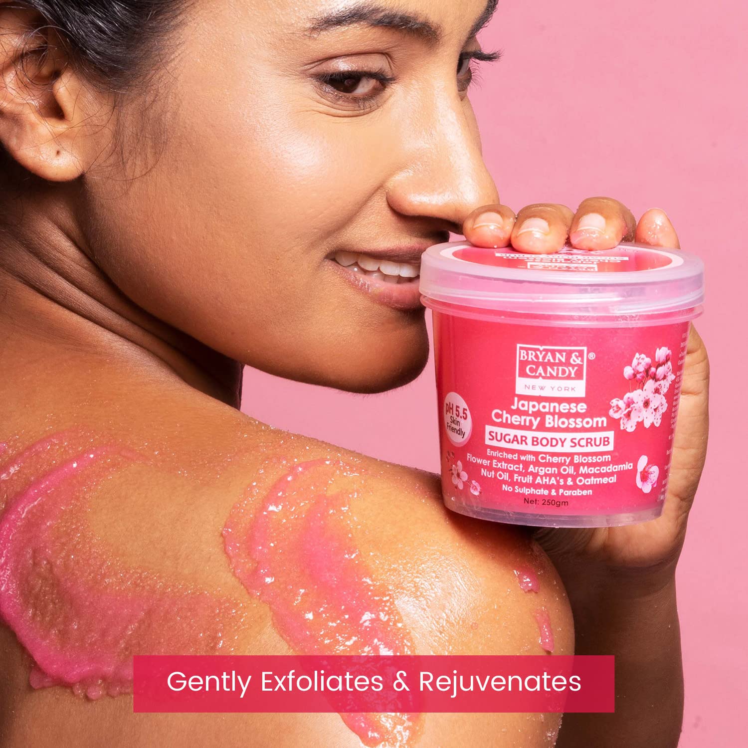 Bryan & Candy Cherry Blossom Sugar Body Scrub - PH 5.5 Exfoliating Scrub for Tan Removal & Dead Skin | Enriched with Macadamia & Argan Oil | Gentle Exfoliation for Knees, Elbows & Ankles | Unisex Skincare - 250g | Perfect for Post-Workout Refresh & Pre-Self Care Routine
