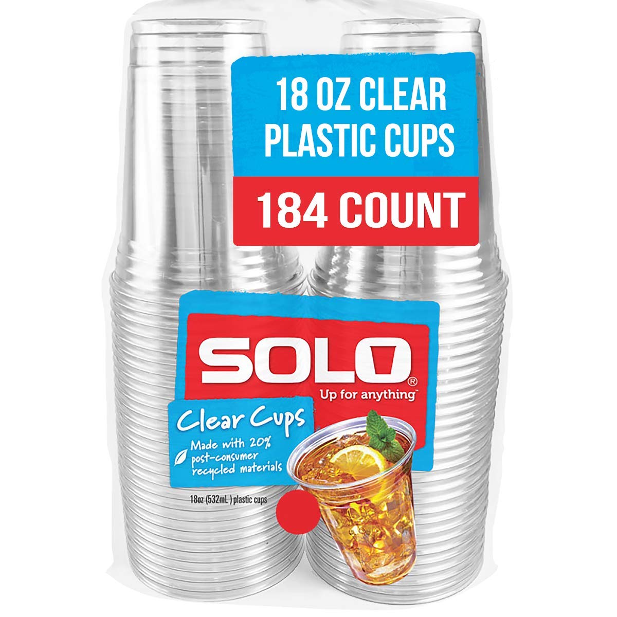 SOLO Clear Recycled Plastic Party Cups 18 Oz (184 Count) - Eco-Friendly Disposable Cups for Parties, Events & Gatherings