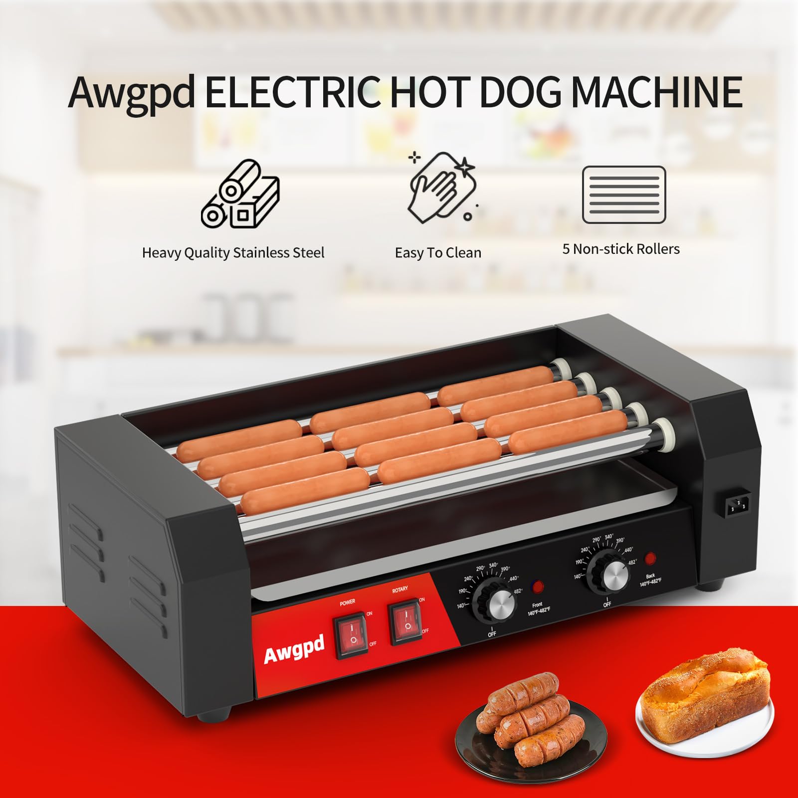 5-Roller Hot Dog Grill Machine - 750W Stainless Steel Sausage Cooker with Dual Temperature Control & Removable Drip Tray - 12 Hot Dogs Capacity - Perfect for Home, Party & Commercial Use (Restaurants, Food Trucks, Carnivals)