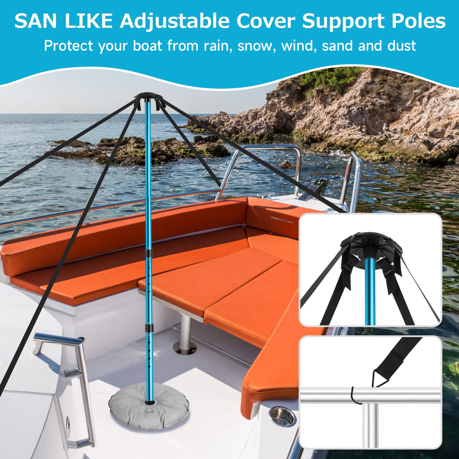 Adjustable Boat Cover Support Poles System - 2PC Blue Pontoon Cover Support with 8 Straps & 2 Water Bags for Jon Boat, V Hull, Pontoon | Rain & Snow Protection, Outdoor Storage, Marine Use