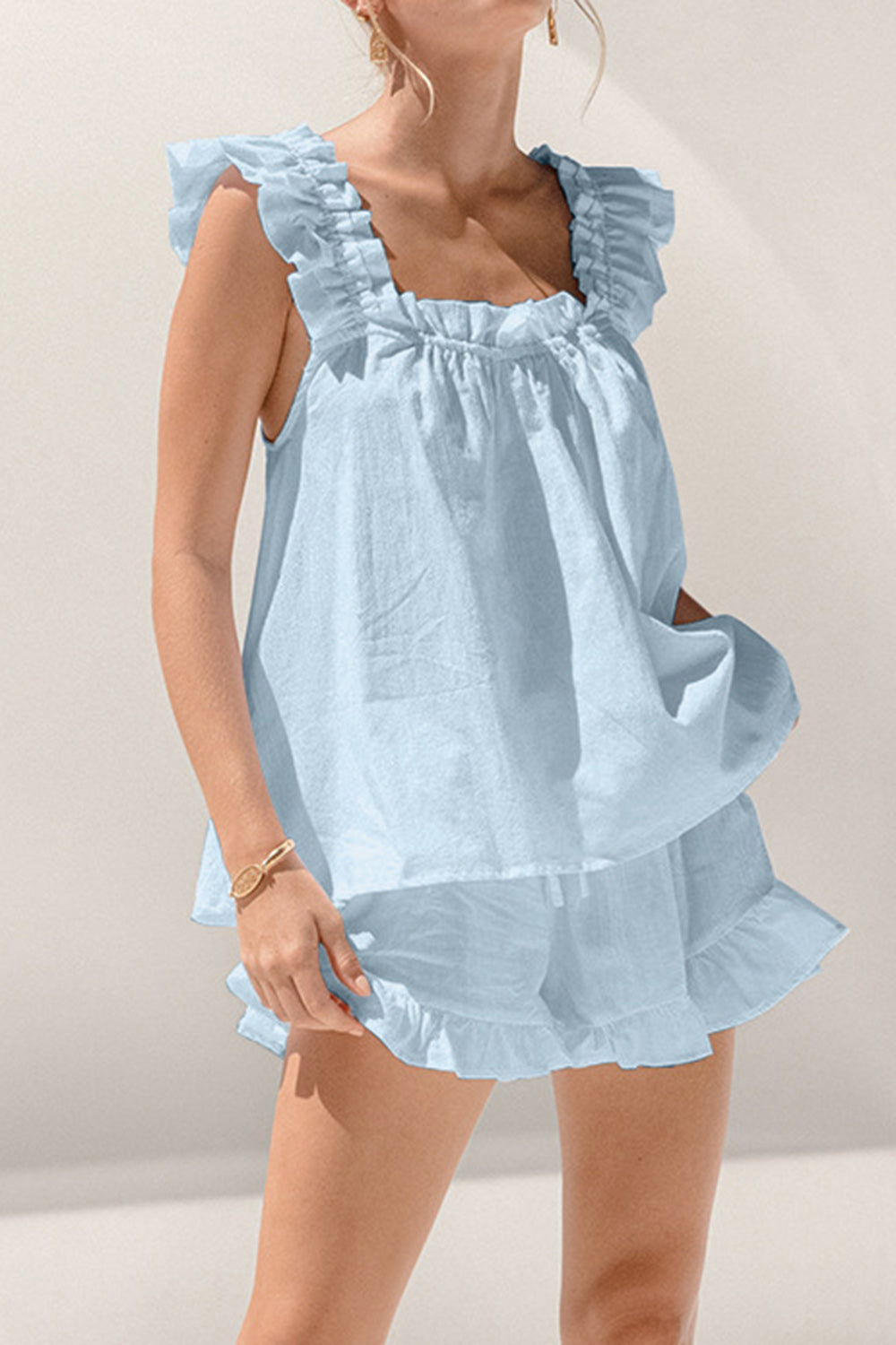 Women's Ruffled Square Neck Summer Shorts Set - Casual Outfit for Beach, Vacation, and Daily Wear