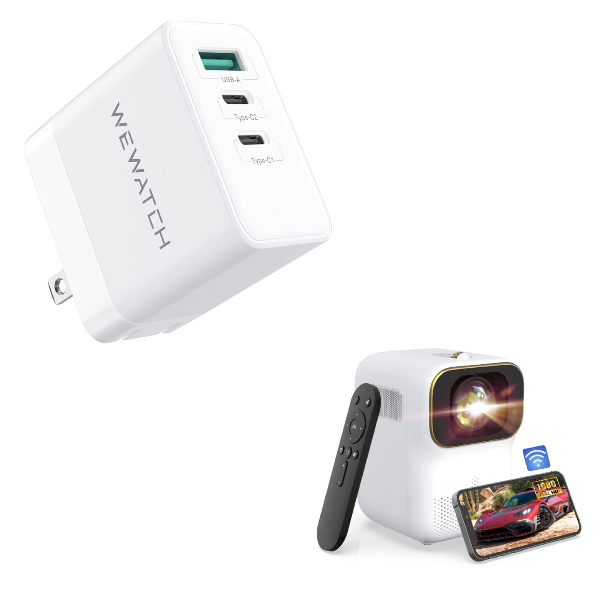 WEWATCH V30SE Mini Projector with 65W USB C Charger & Foldable Plug - Portable GaN Technology Projector for Home Theater, Outdoor Movies, and Office Presentations