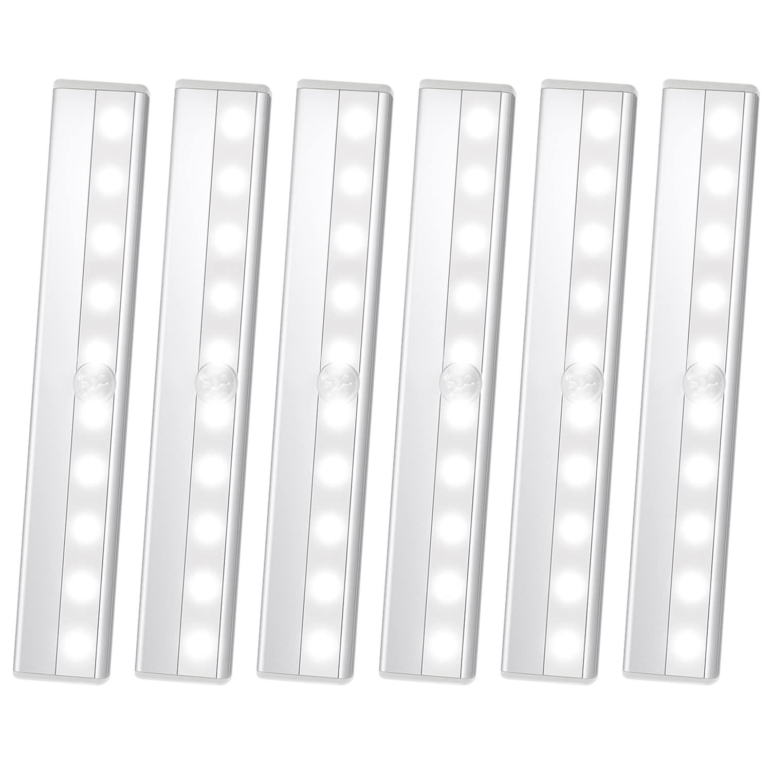 6 Pack LED Motion Sensor Lights - 10 LED Battery Operated Closet Lights with Magnetic Base, Stick-On Anywhere Night Light Bars for Indoor Use in Closet, Stairs, Wardrobe, Hallway & Nursery - Energy Efficient Safe Lighting Solution