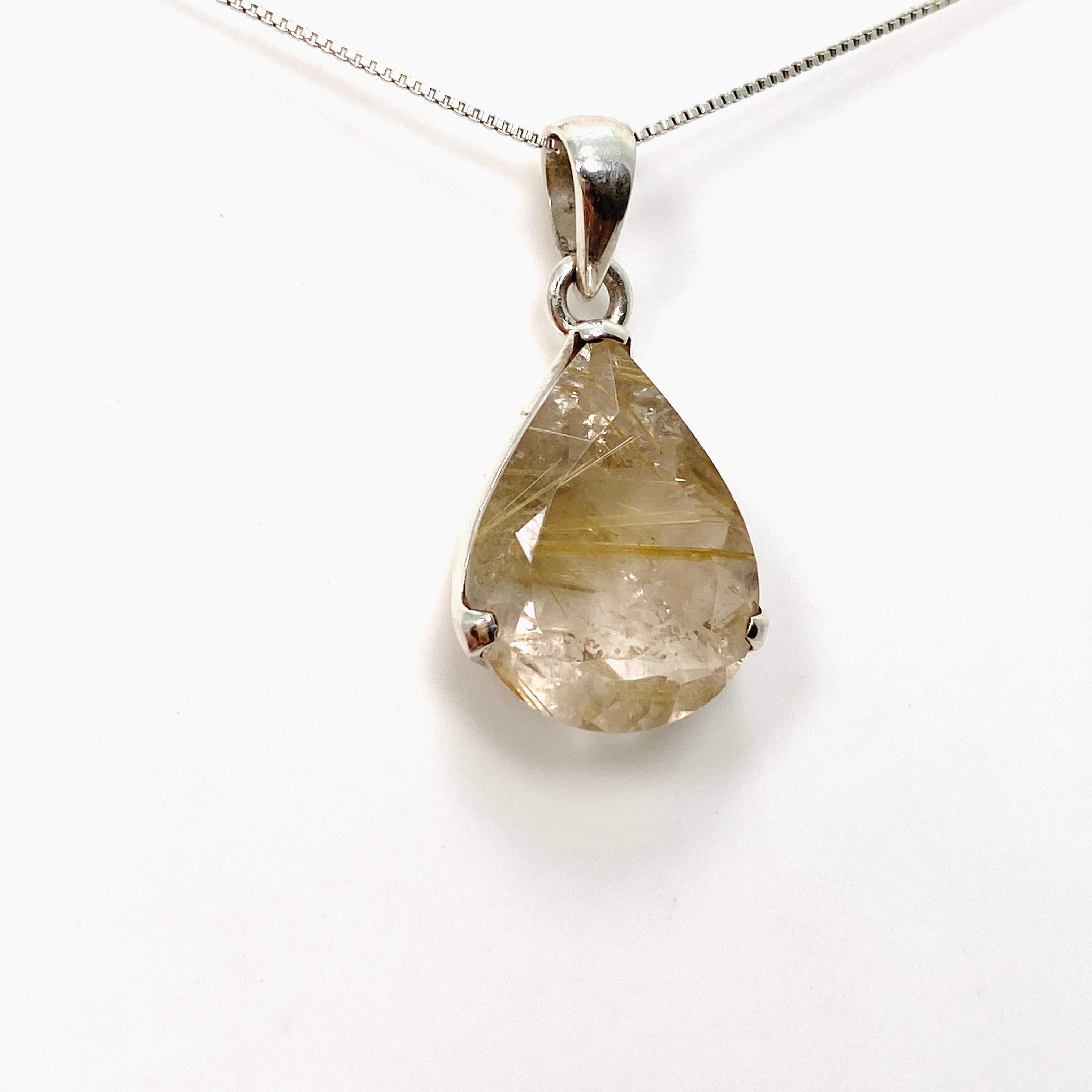 Natural Rutilated Quartz Teardrop Faceted Pendant Necklace - PPGJ842 - Perfect for Spiritual Healing, Meditation & Boho Jewelry Collection