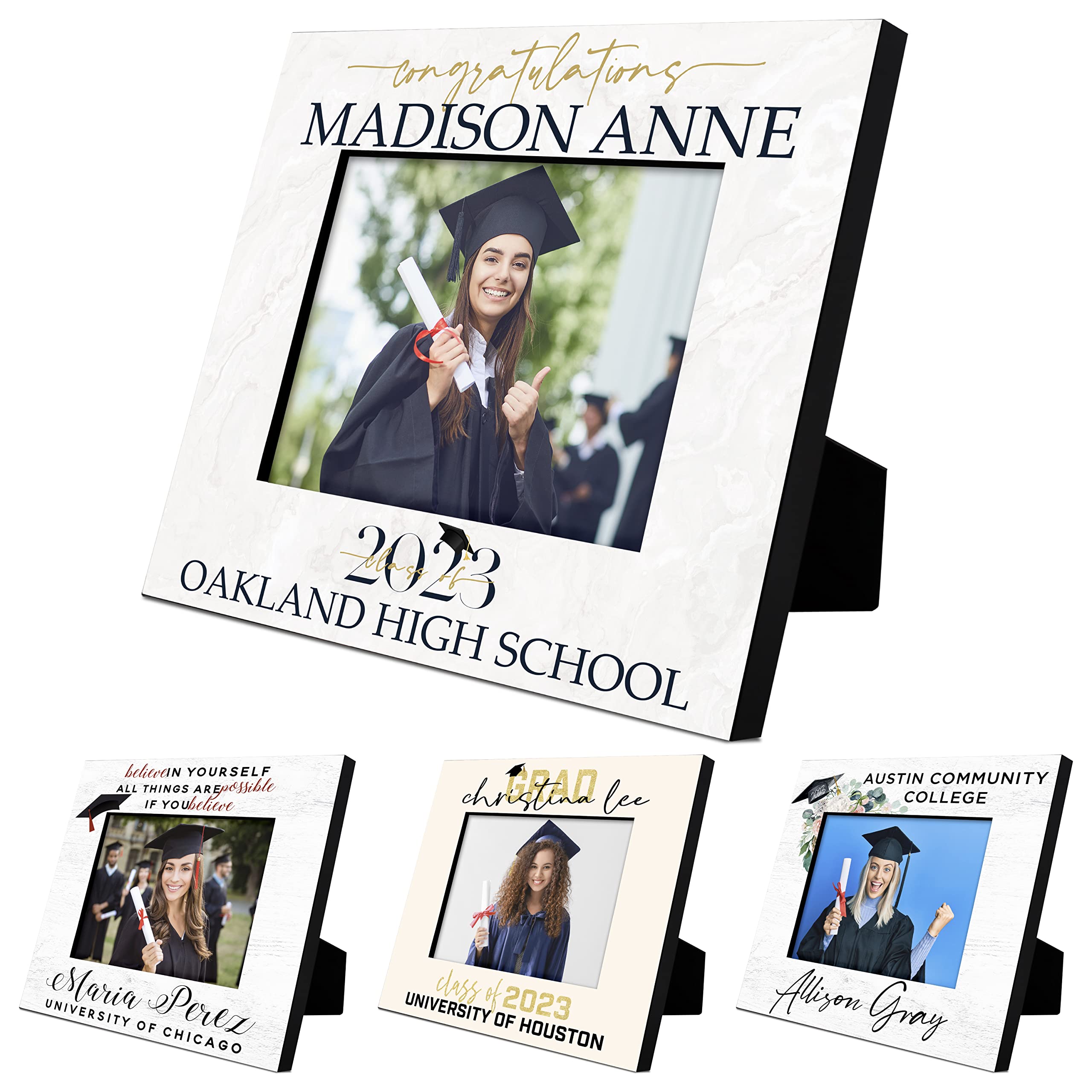 Personalized Graduation Picture Frame with Name & School - Custom 4x6 or 5x7 Photo Holder - Perfect Graduation Gift for High School, College & University Graduates (Class of 2023) - Great for Displaying Graduation Photos in Dorm Rooms, Offices or as Keepsake