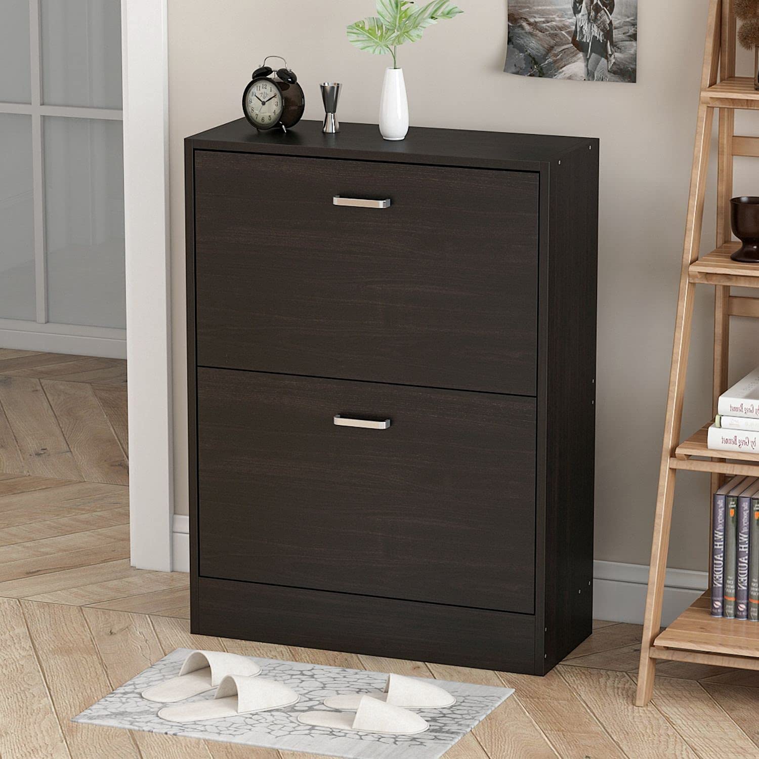DiDuGo Modern Shoe Storage Cabinet - 2 Compartment Entryway Organizer with Tipping Bucket Design, Freestanding Shoe Rack for Hallway, Porch & Closet (23.6