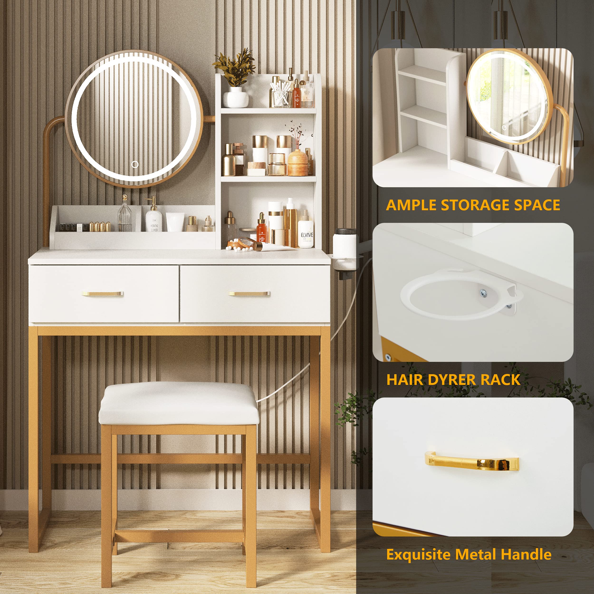 White Makeup Vanity Desk with Round Mirror & LED Lights - 3 Lighting Modes, Spacious Storage, 31.5