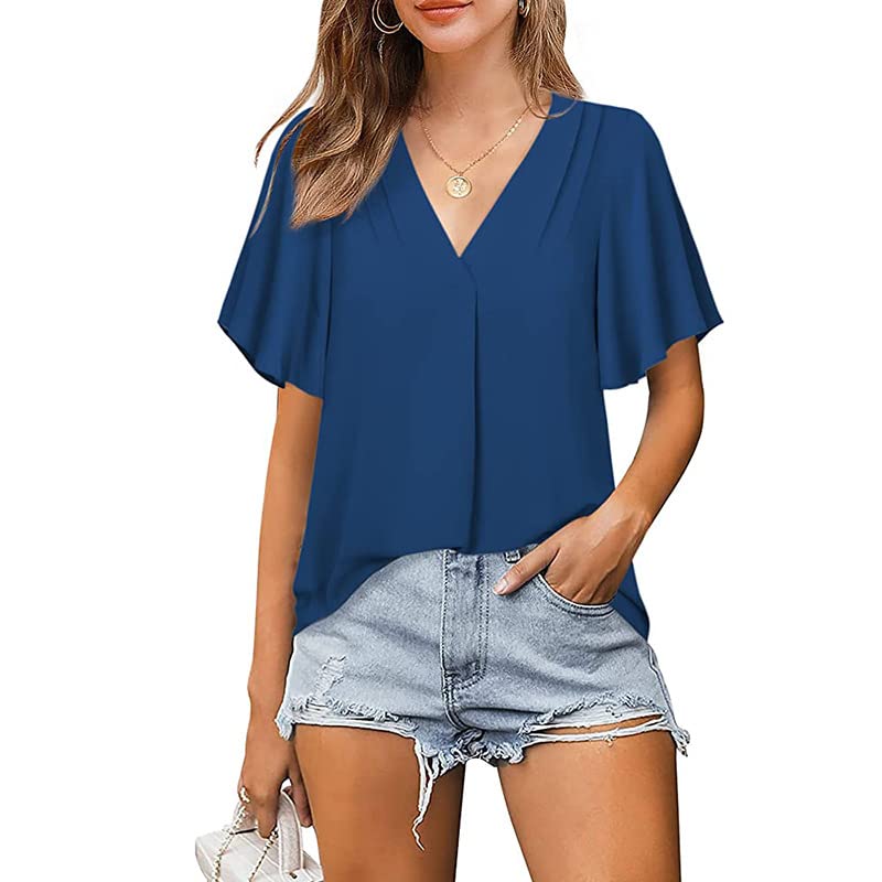 Elegant Women's V-Neck Chiffon Blouse with Ruffle Sleeves - Dressy Casual Tops for Work & Evening Outfits | Flowy Shirt for Office, Date Night & Special Occasions