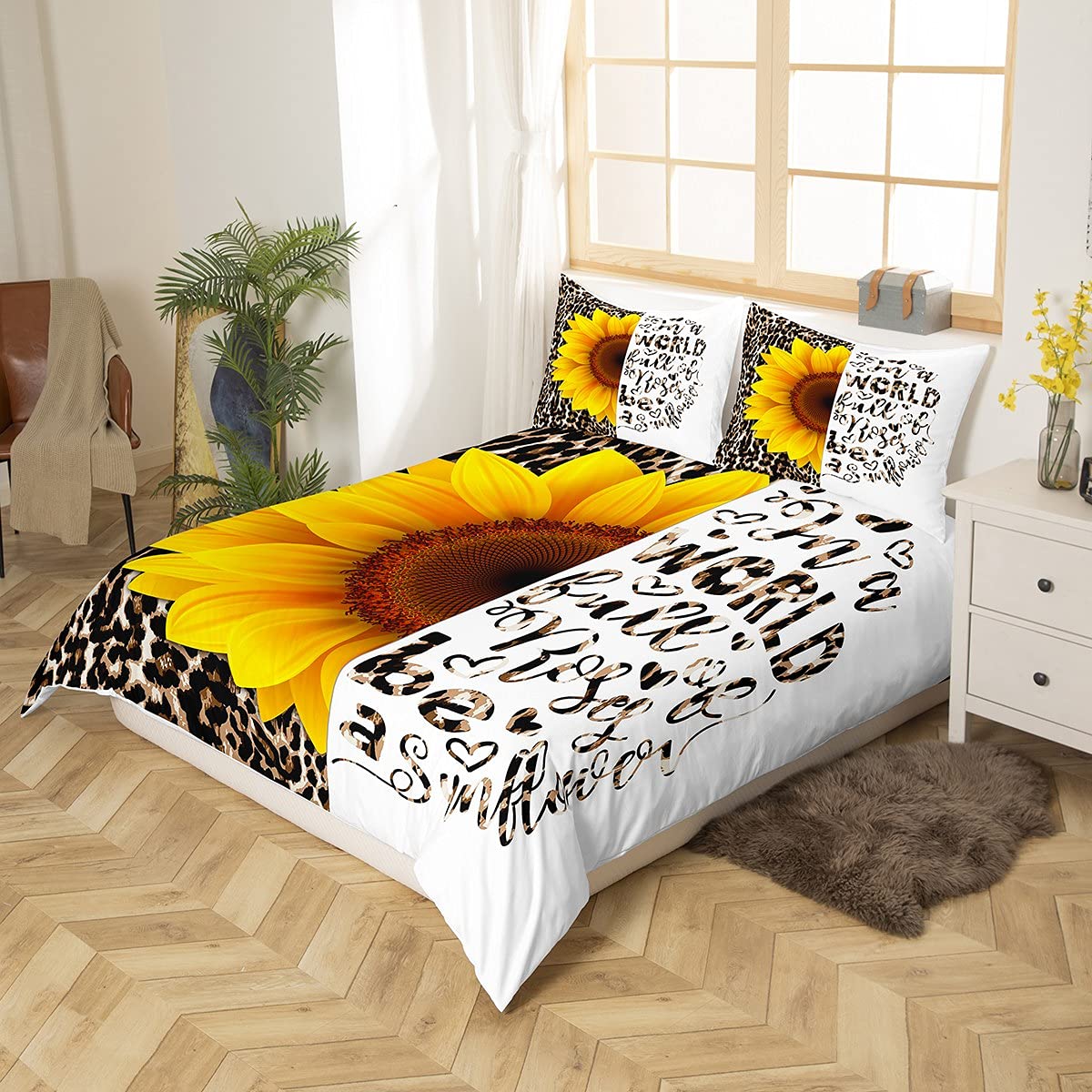 3D Yellow Sunflowers Leopard Print Twin Size Duvet Cover Set - Cartoon Cheetah Pattern Bedding for Kids, Boys & Girls - Farmhouse Theme 2-Piece Quilt Cover - Perfect for Kids' Rooms, Dorm Decor and Themed Bedroom Makeovers