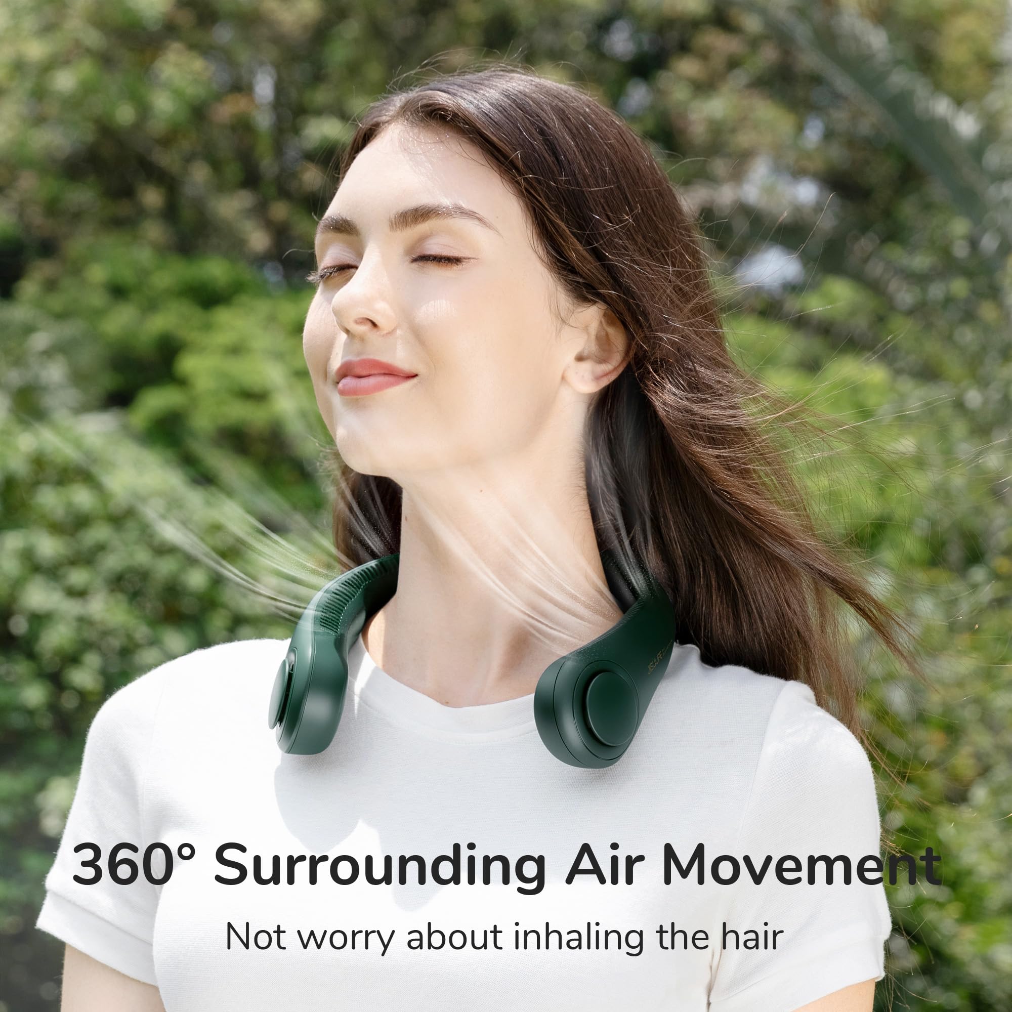 JISULIFE Portable Neck Fan - Hands Free Bladeless Personal Fan with 4000mAh Battery, USB Powered Desk Fan, 5 Speed Settings - Dark Green - Perfect for Office, Travel, Outdoor Activities & Home Use
