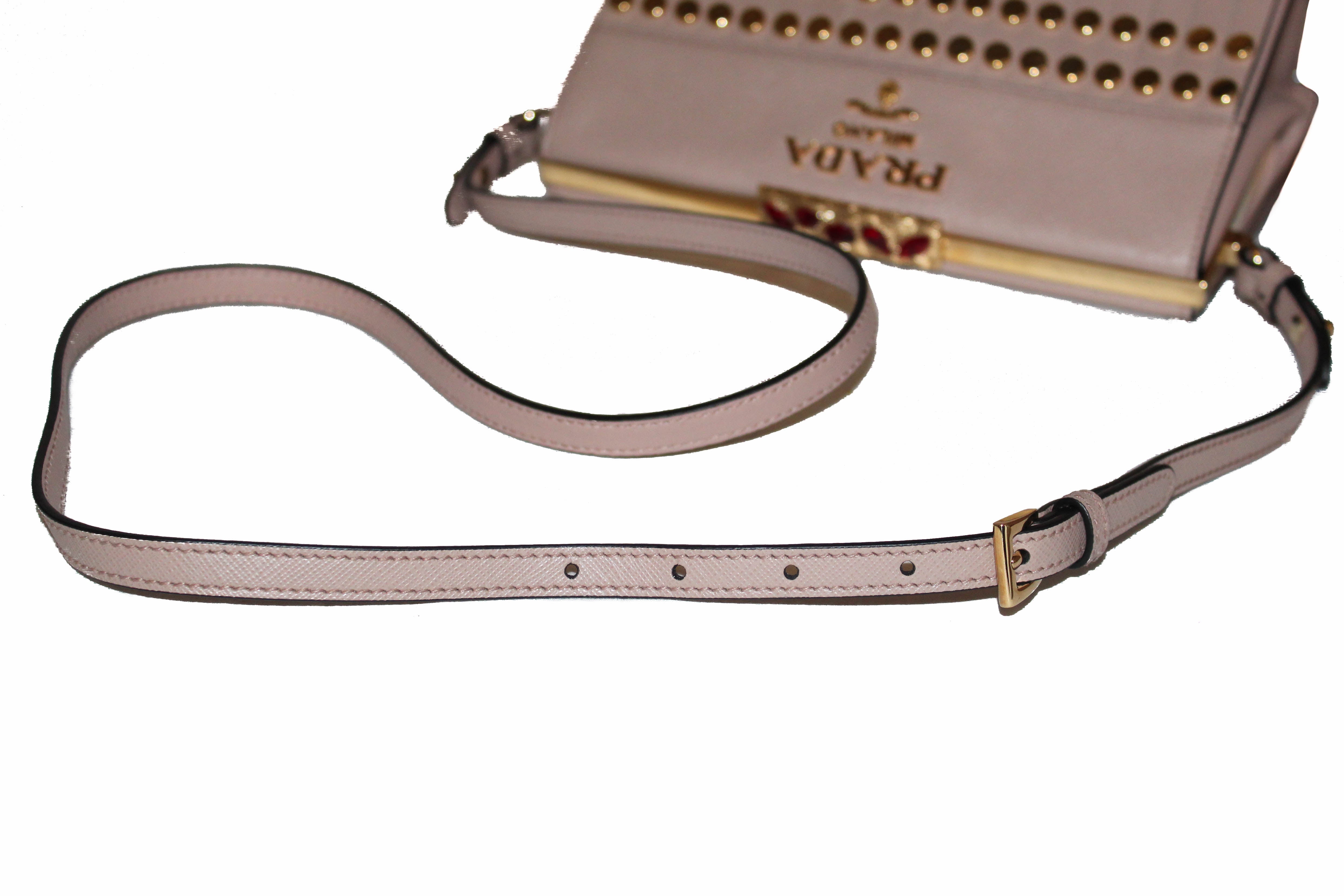 Authentic Prada Beige Blush Saffiano Leather Bag with Fringes & Studs - 1BC046 | Luxury Designer Handbag for Women, Perfect for Work, Evening Events & Travel
