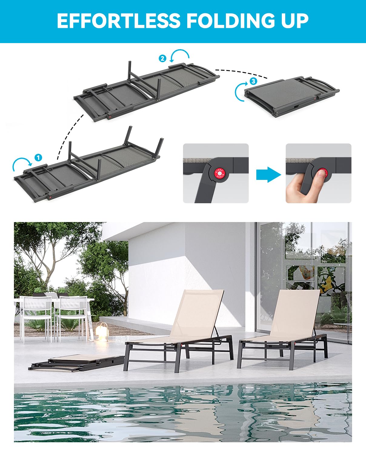 Premium Aluminum Foldable Chaise Lounge Chair - 5 Adjustable Backrest, No Assembly Required - Perfect for Poolside, Beach, Patio, and Lawn Relaxation in Beige