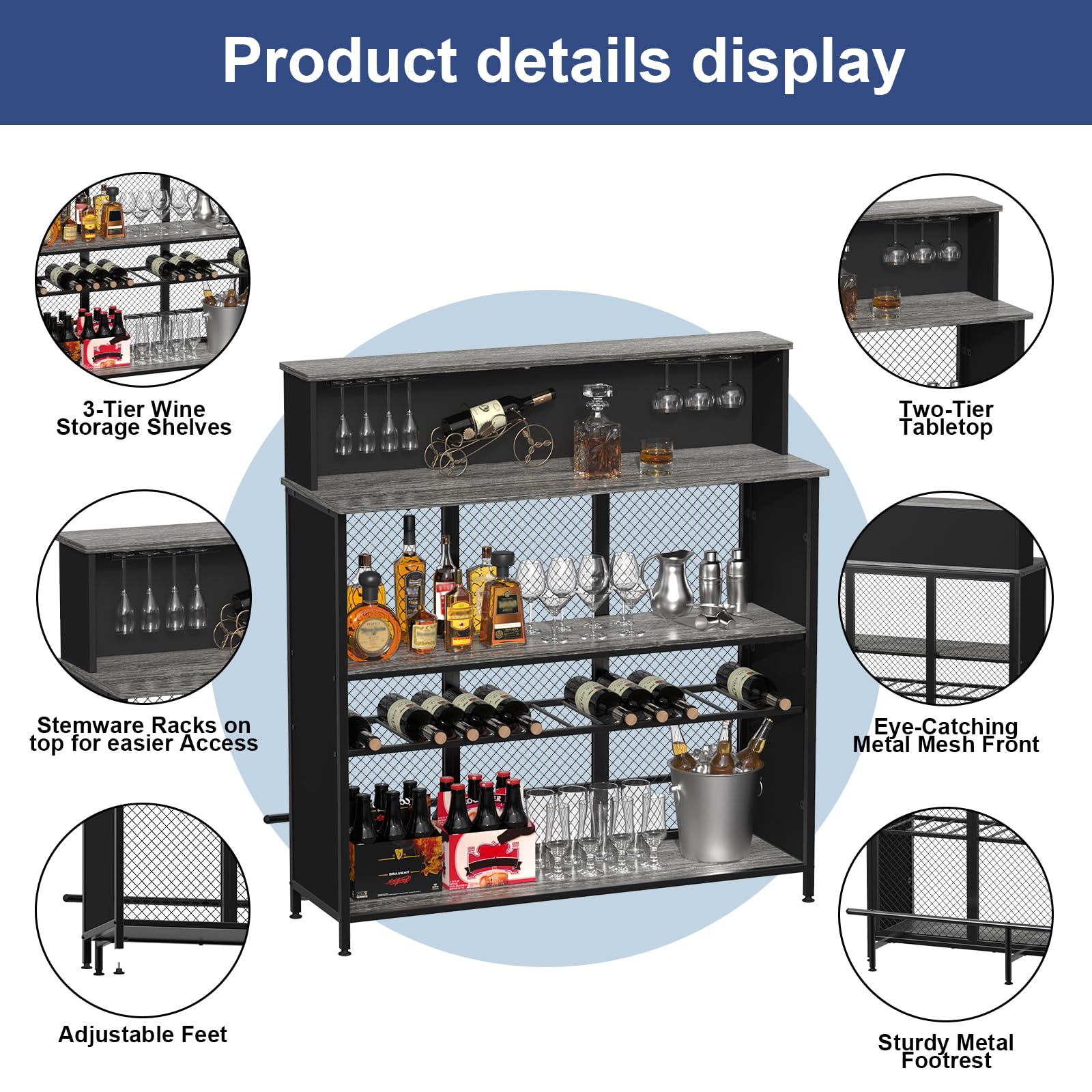 GDLF Home Bar Unit - Mini Bar Liquor Cabinet with Storage & Footrest for Kitchen, Pub, Living Room - Space-Saving Grey Bar Furniture for Small Spaces & Entertaining
