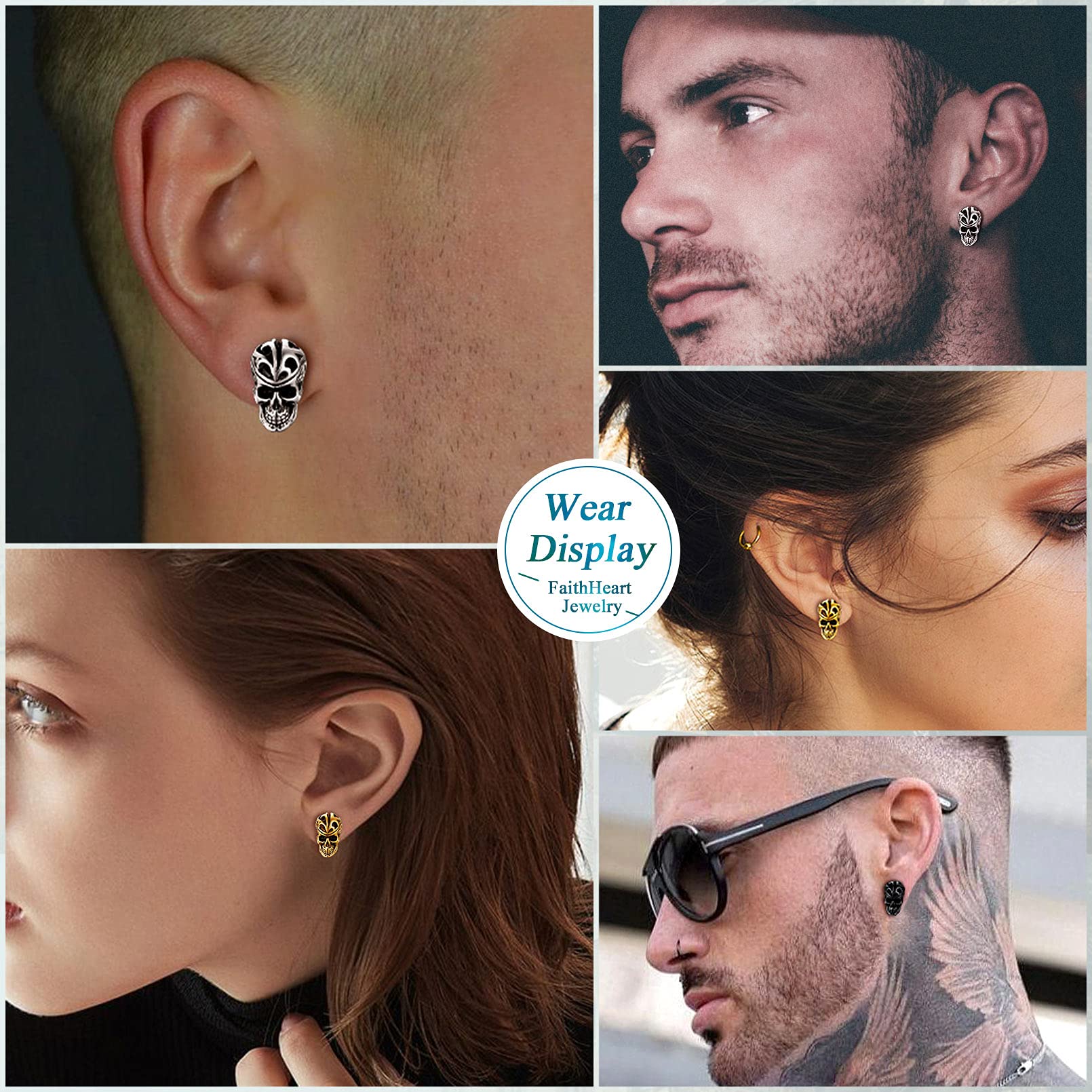 FaithHeart Skull Hoop Earrings for Men & Women - Silver/Black/Gold Stainless Steel Huggie Earrings - Lightweight Hypoallergenic Jewelry for Sensitive Ears - Perfect for Punk, Gothic & Everyday Wear